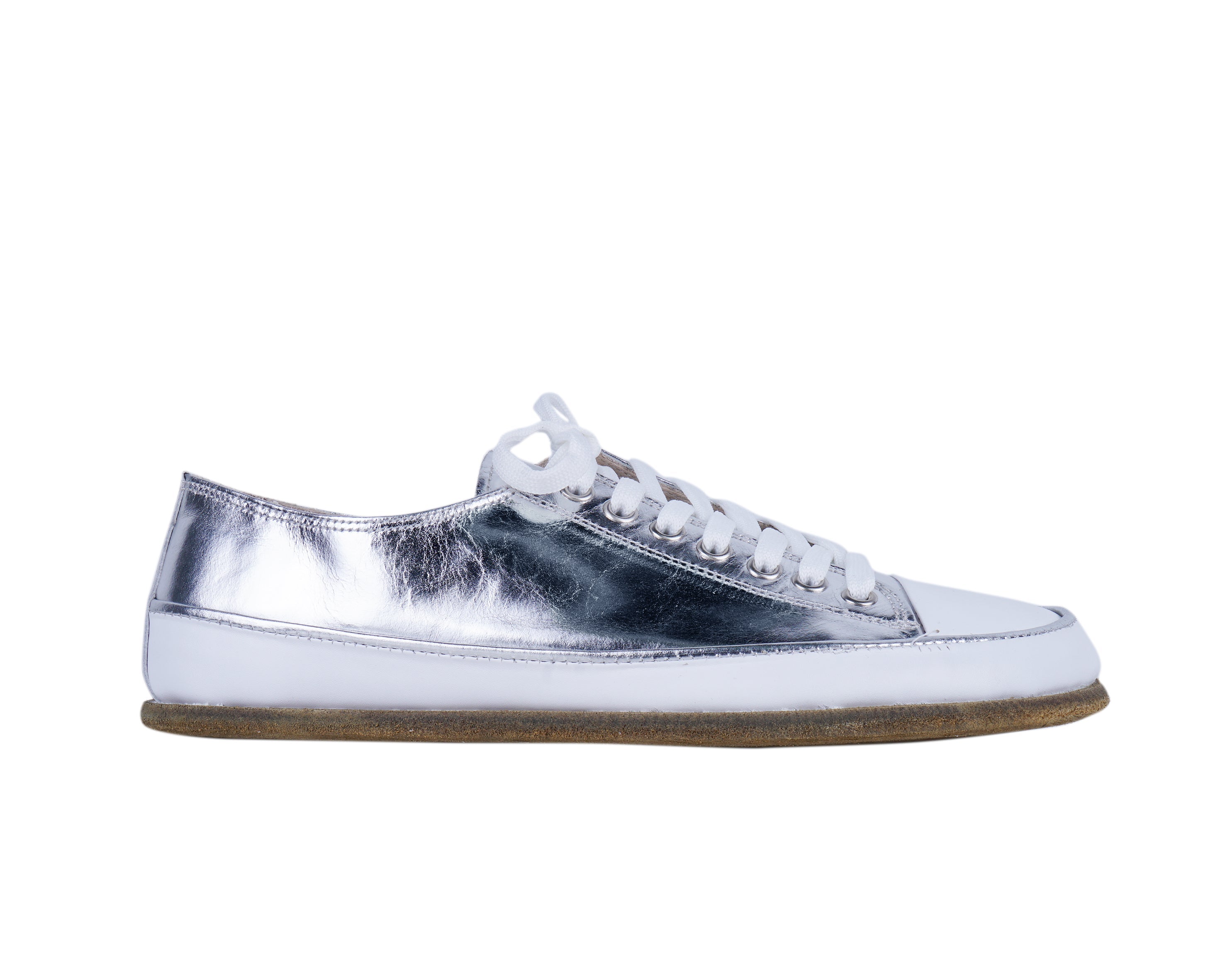 Silver Converse Style Wide Barefoot Smooth Leather Handmade Shoes 