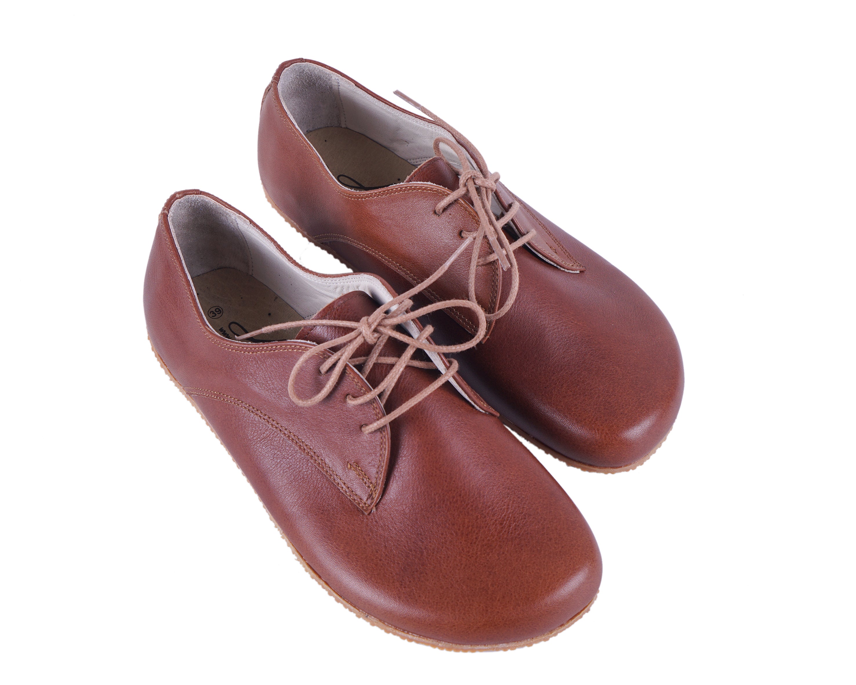 Brown Oxford Wide Barefoot Shoes Smooth Leather Handmade 4mm Rubber Outsole