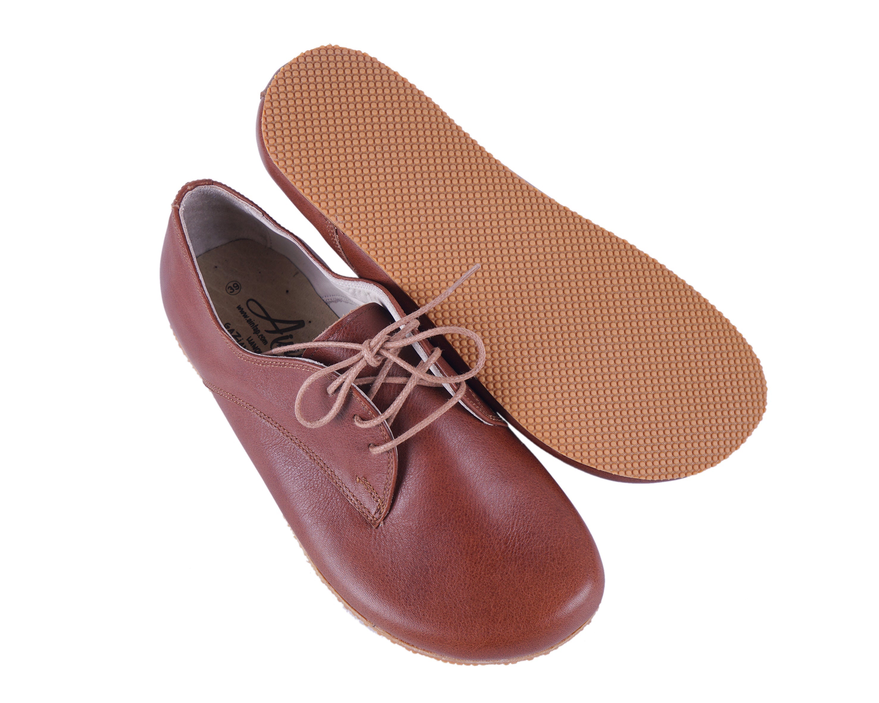 Brown Oxford Wide Barefoot Shoes Smooth Leather Handmade 4mm Rubber Outsole 