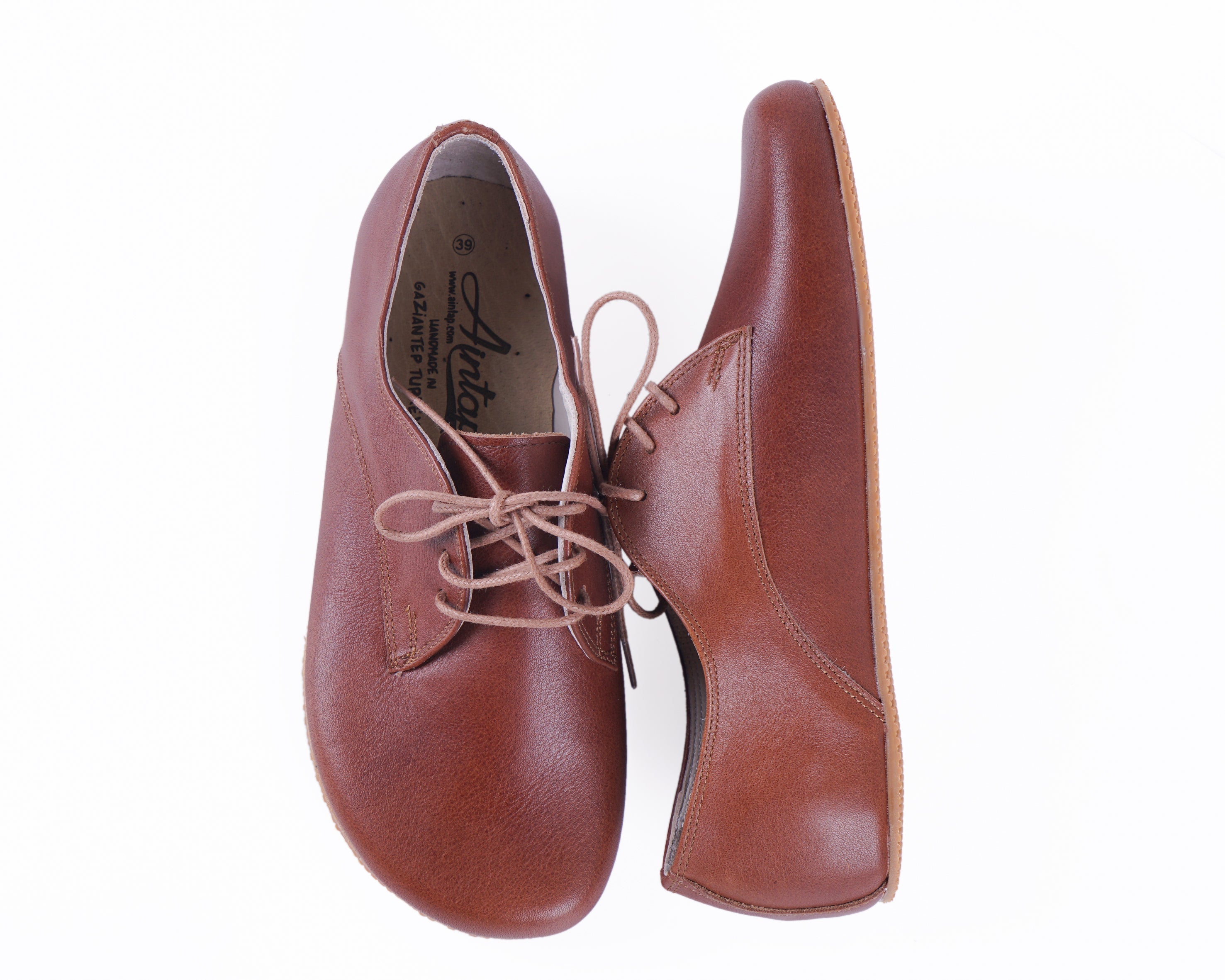 Brown Oxford Wide Barefoot Shoes Smooth Leather Handmade 4mm Rubber Outsole 