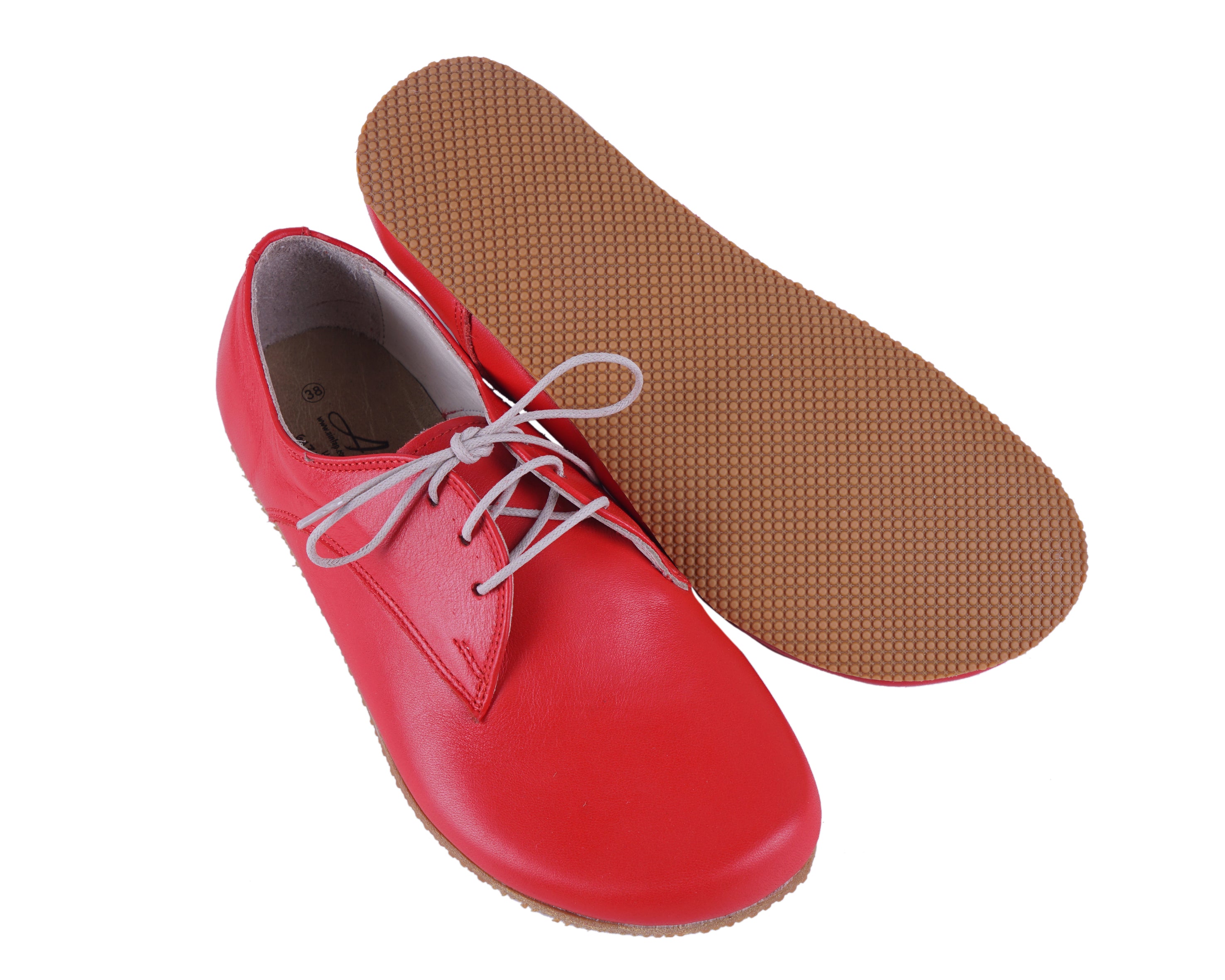 Red Oxford Wide Barefoot Shoes Smooth Leather Handmade 4mm Rubber Outsole