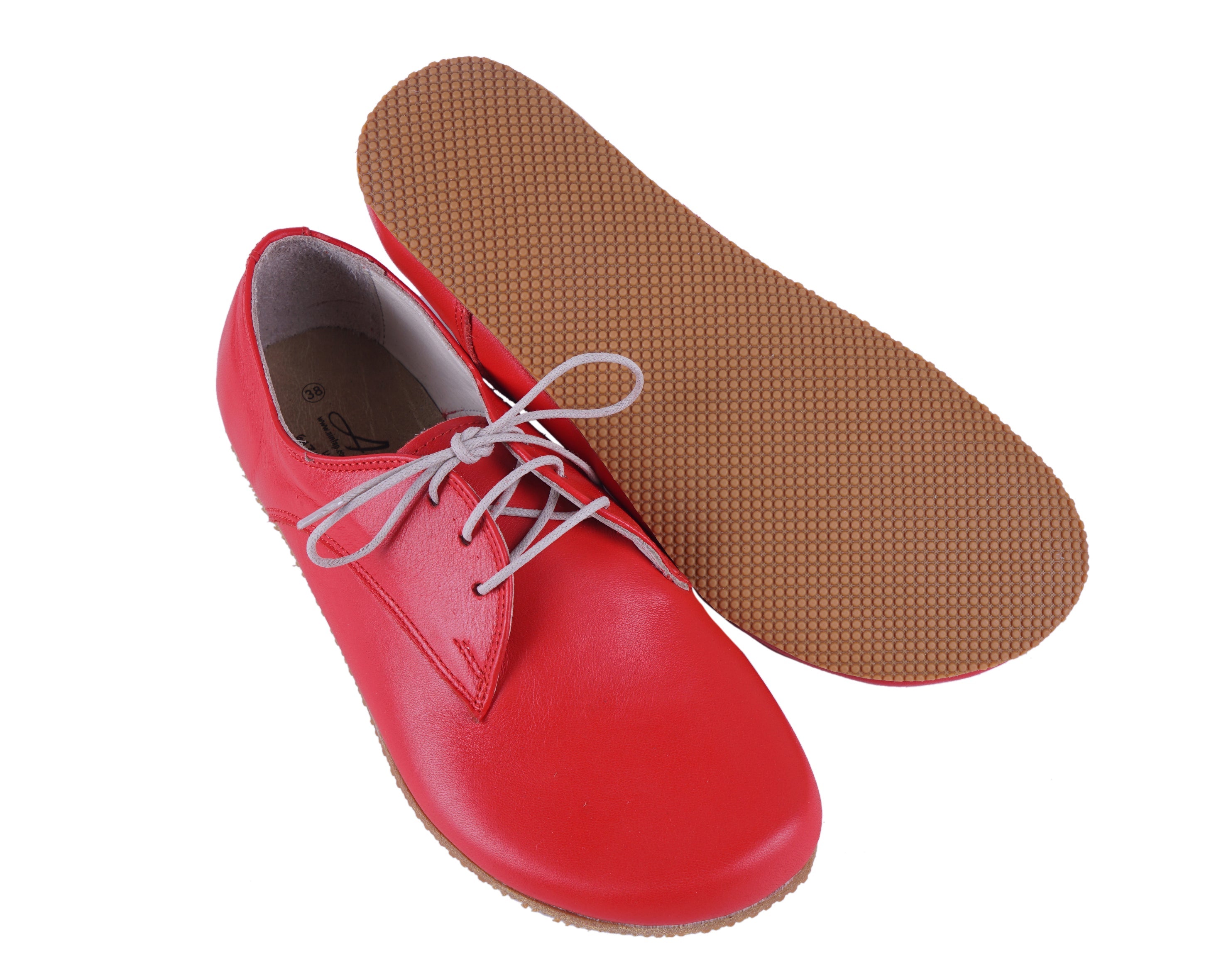 Red Oxford Wide Barefoot Shoes Smooth Leather Handmade 4mm Rubber Outsole 