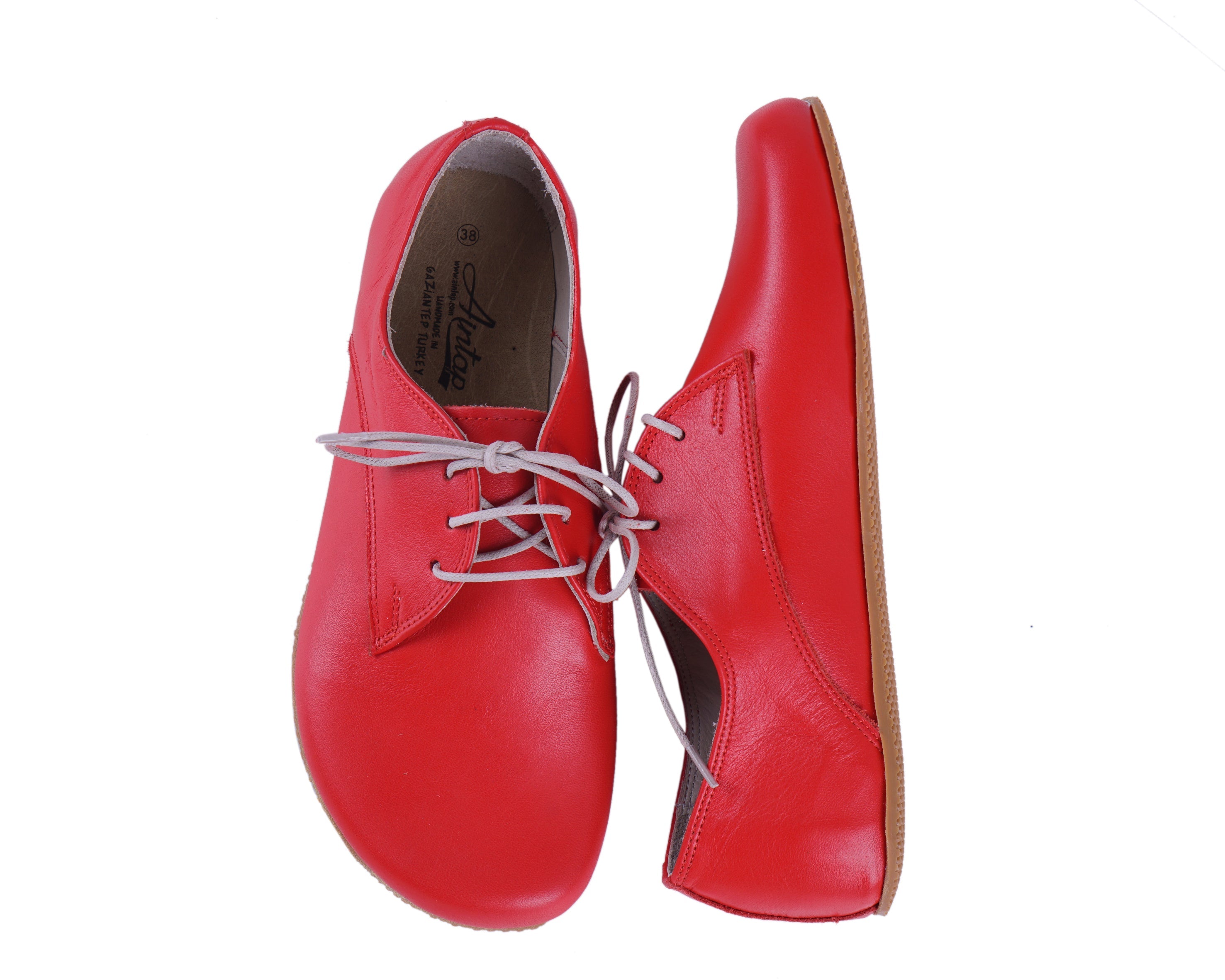 Red Oxford Wide Barefoot Shoes Smooth Leather Handmade 4mm Rubber Outsole 