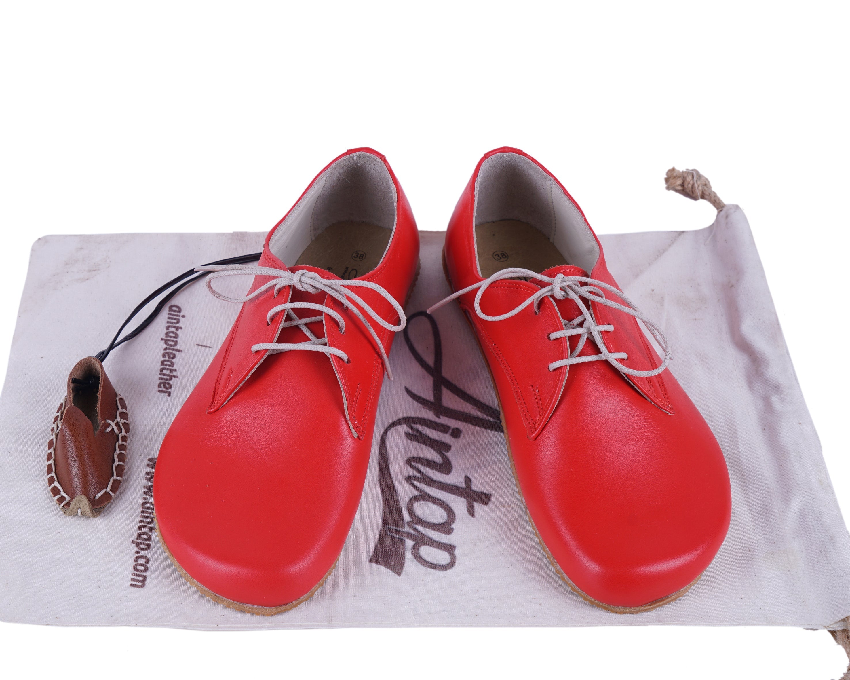 Red Oxford Wide Barefoot Shoes Smooth Leather Handmade 4mm Rubber Outsole 