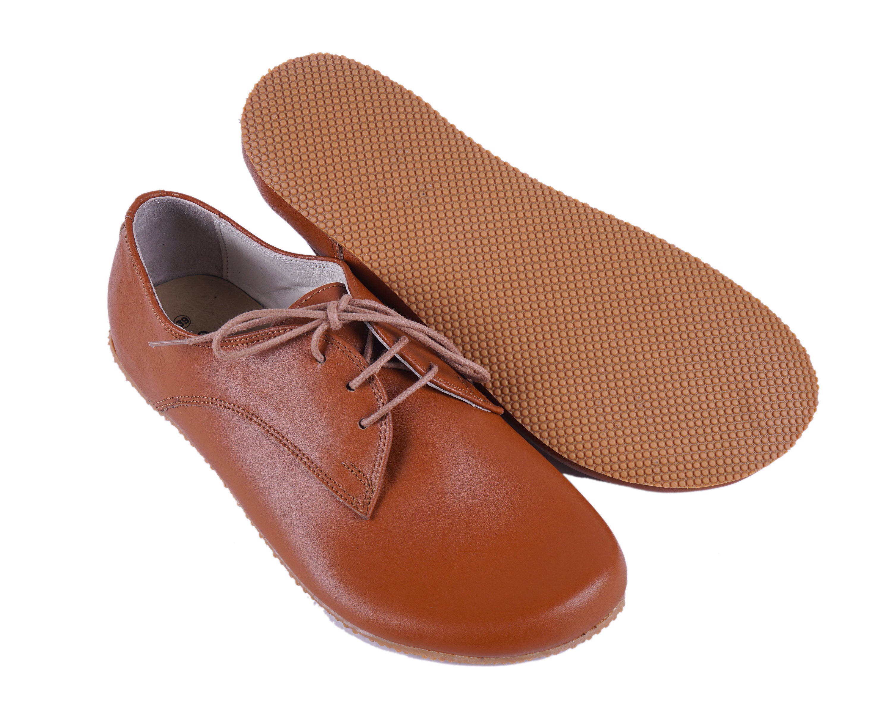 Tan  Oxford Wide Barefoot Shoes Smooth Leather Handmade 4mm Rubber Outsole