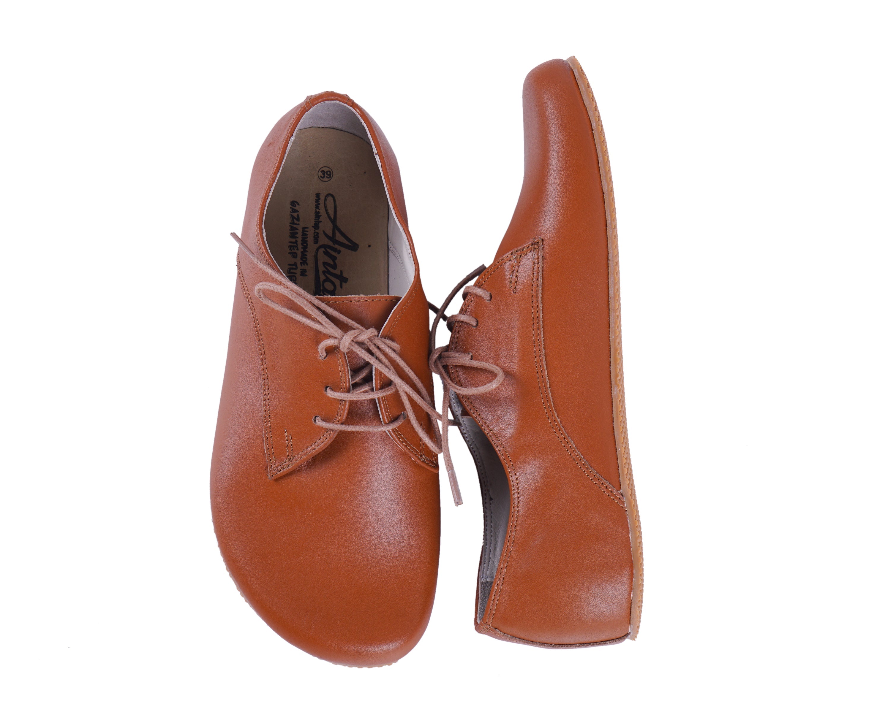 Tan  Oxford Wide Barefoot Shoes Smooth Leather Handmade 4mm Rubber Outsole 