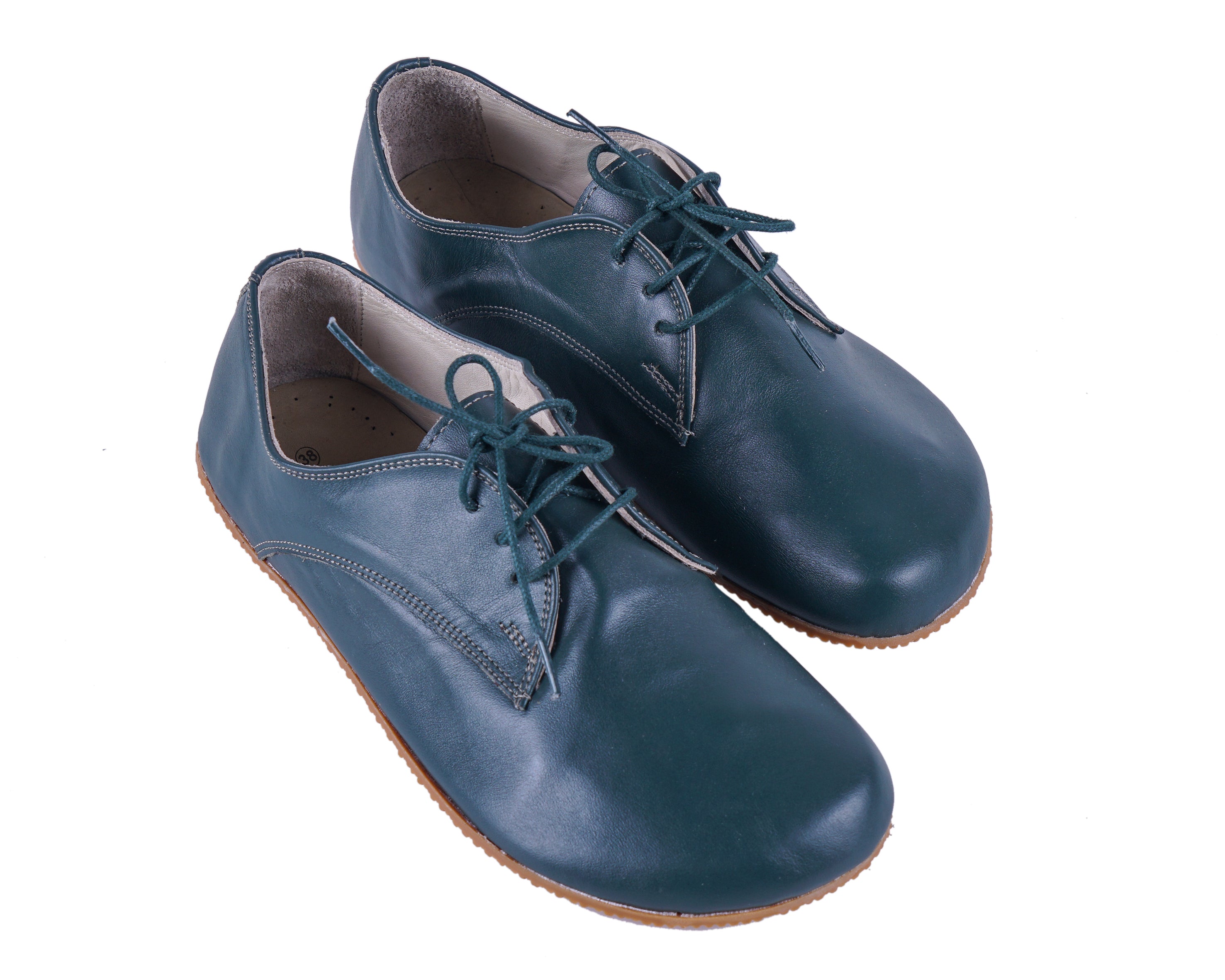 Green Oxford Wide Barefoot Shoes Smooth Leather Handmade 4mm Rubber Outsole