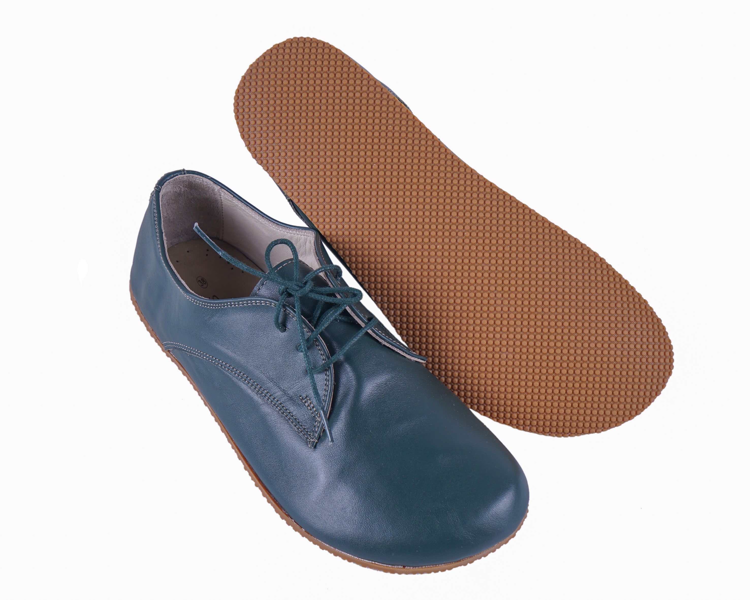 Green Oxford Wide Barefoot Shoes Smooth Leather Handmade 4mm Rubber Outsole 