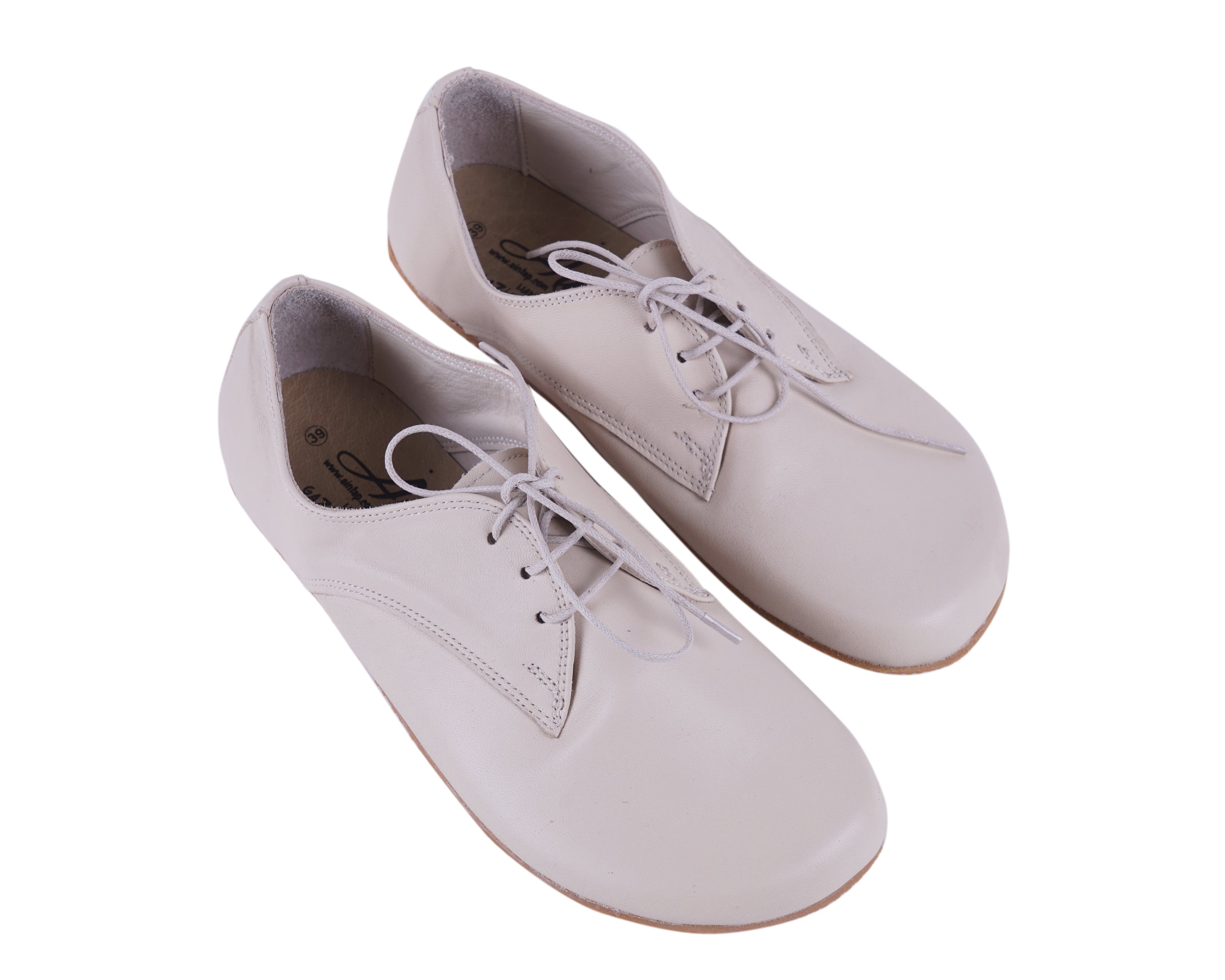 Cream Oxford Wide Barefoot Shoes Smooth Leather Handmade 4mm Rubber Outsole
