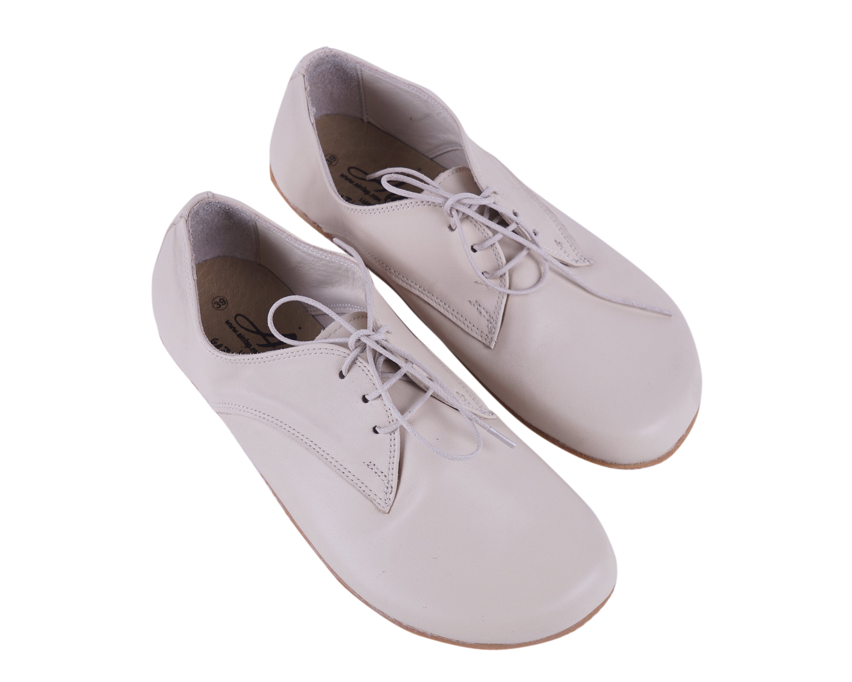Cream Oxford Wide Barefoot Shoes Smooth Leather Handmade 4mm Rubber Outsole 