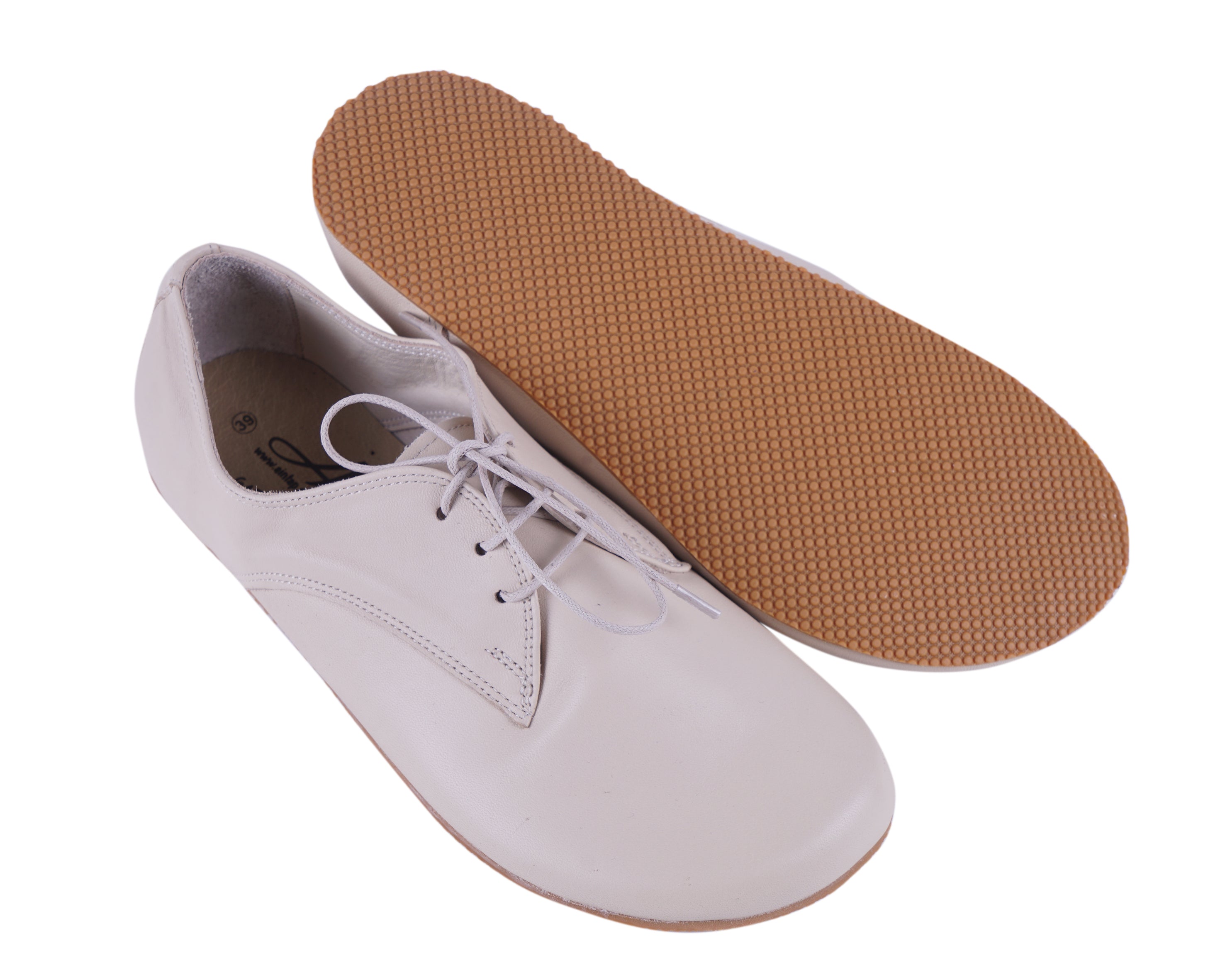 Cream Oxford Wide Barefoot Shoes Smooth Leather Handmade 4mm Rubber Outsole 