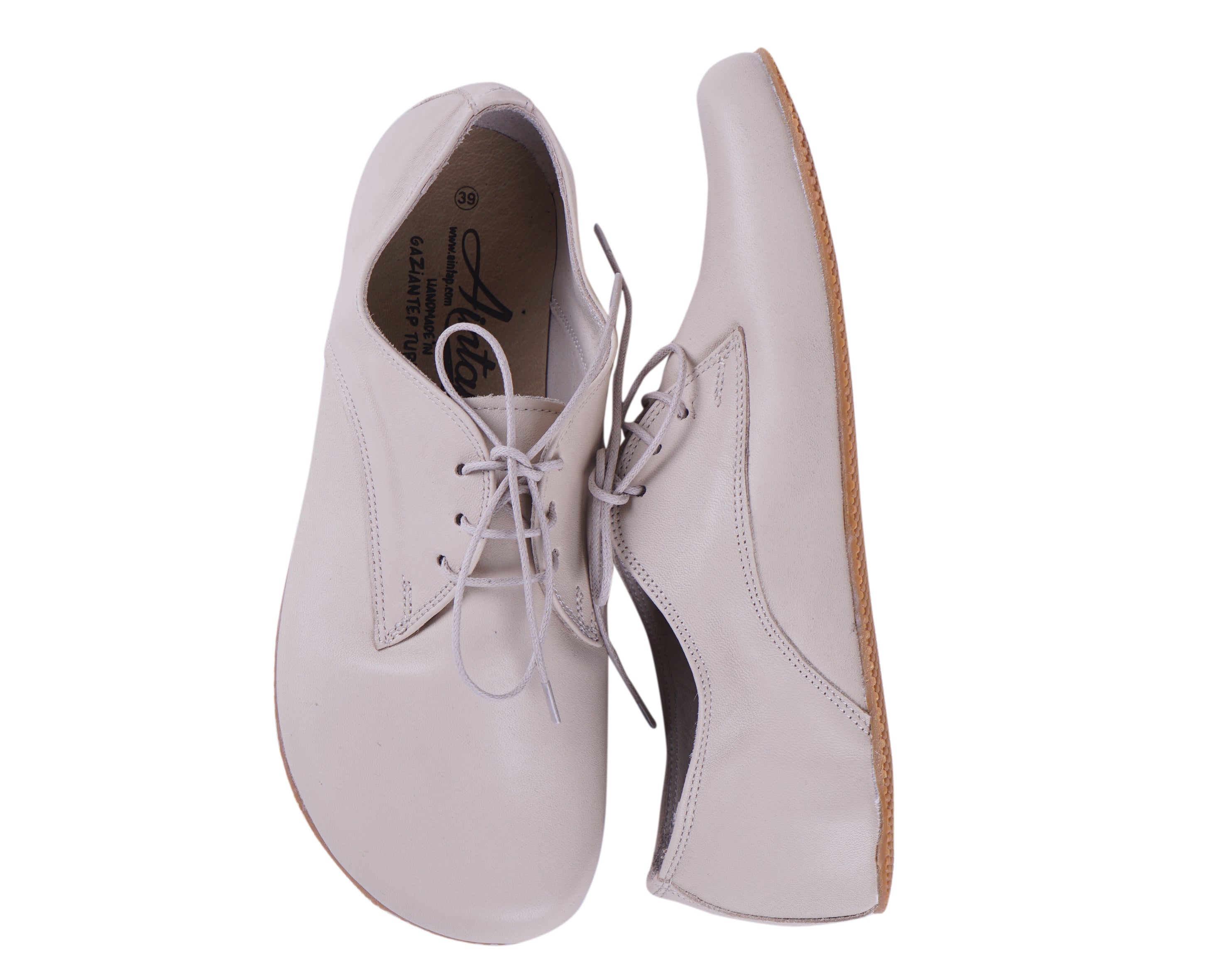 Cream Oxford Wide Barefoot Shoes Smooth Leather Handmade 4mm Rubber Outsole 
