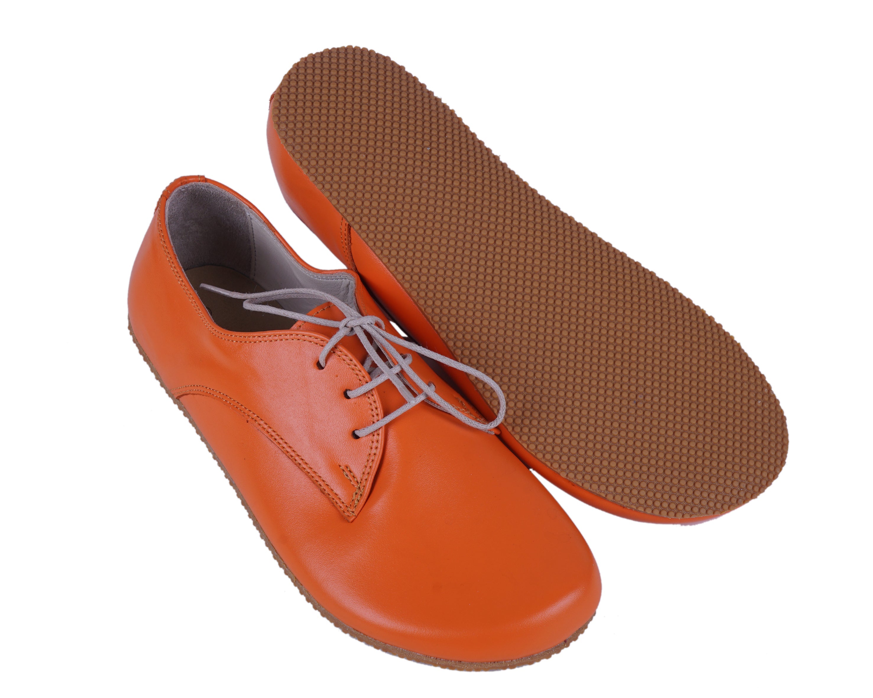Orange Oxford Wide Barefoot Shoes Smooth Leather Handmade 4mm Rubber Outsole 