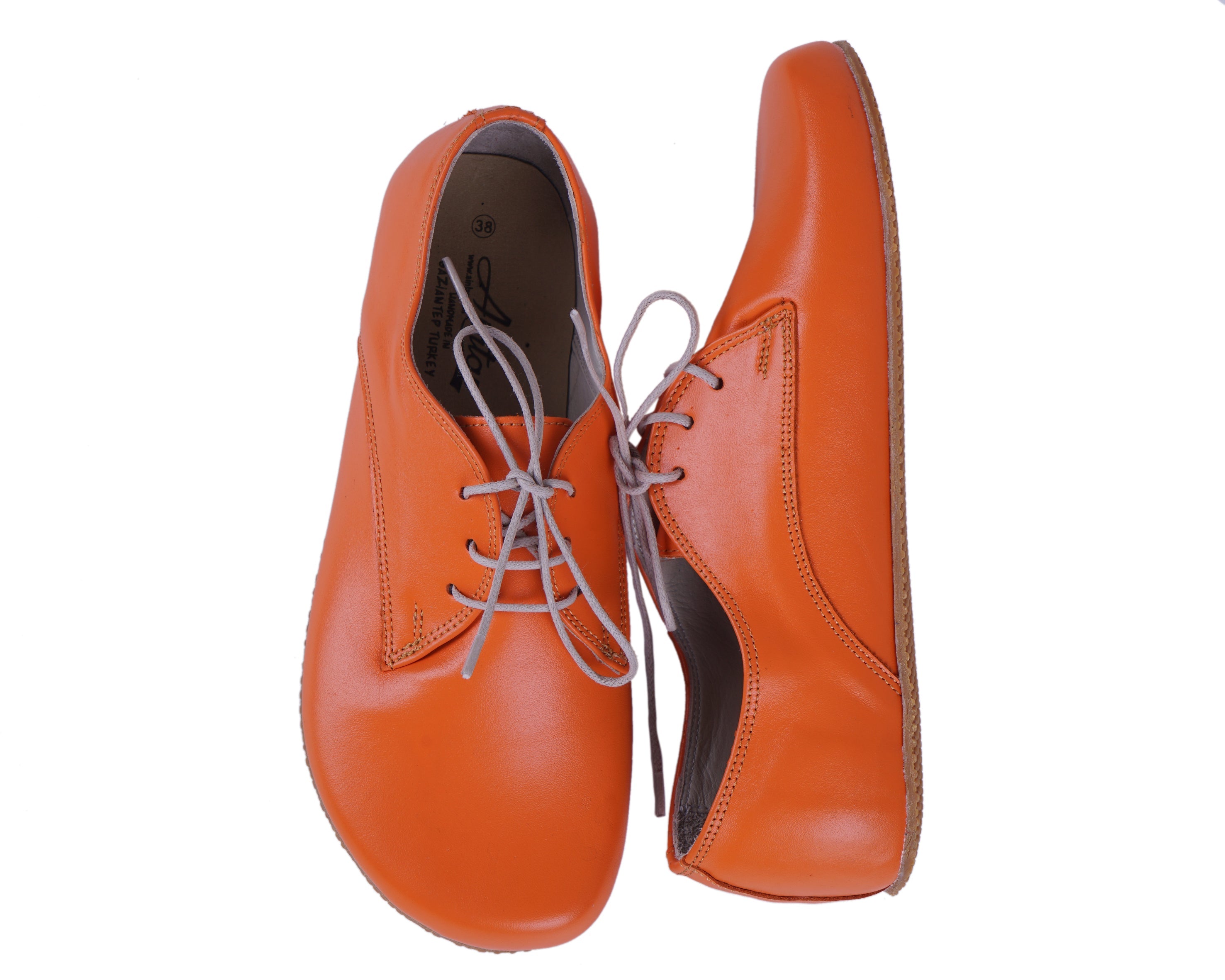Orange Oxford Wide Barefoot Shoes Smooth Leather Handmade 4mm Rubber Outsole 