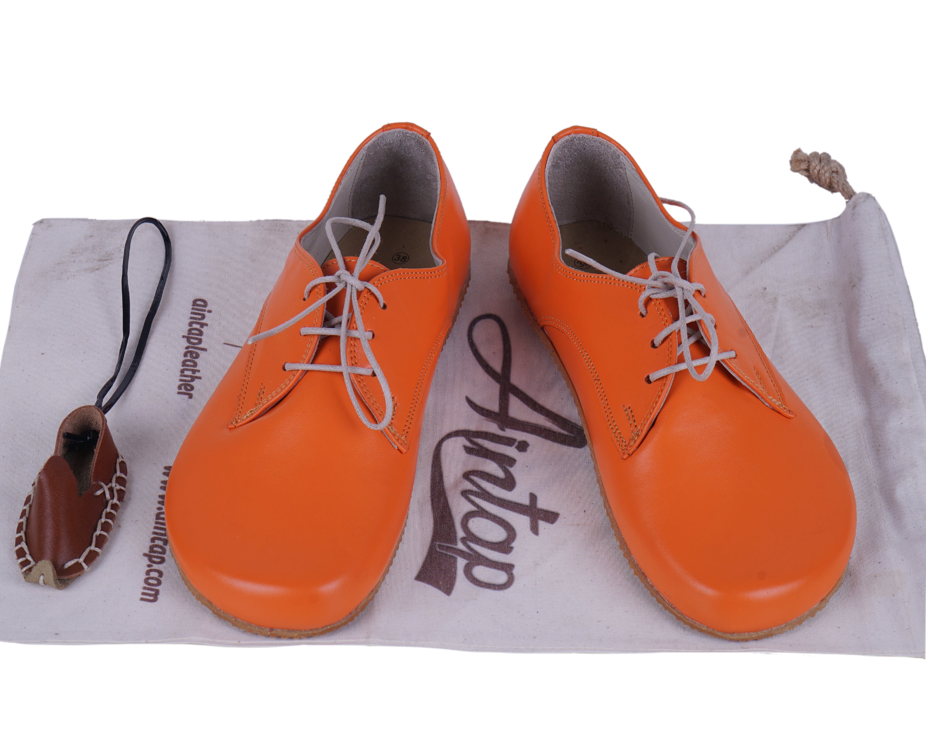 Orange Oxford Wide Barefoot Shoes Smooth Leather Handmade 4mm Rubber Outsole