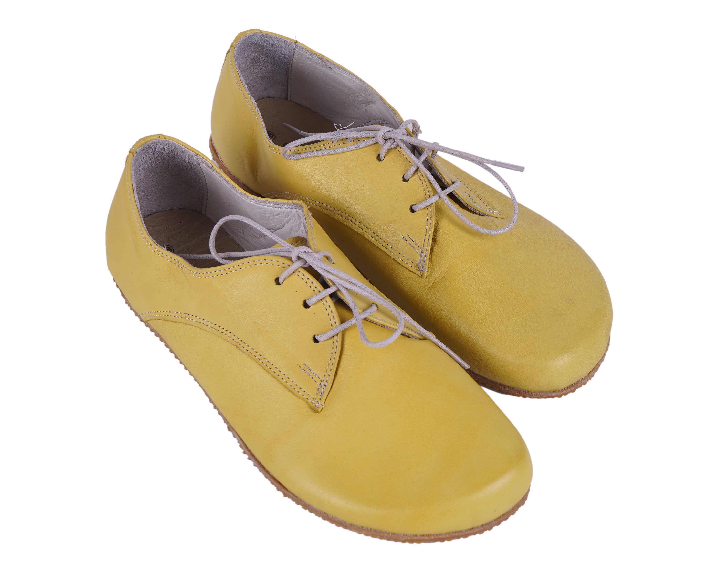 Yellow Oxford Wide Barefoot Shoes Smooth Leather Handmade 4mm Rubber Outsole 