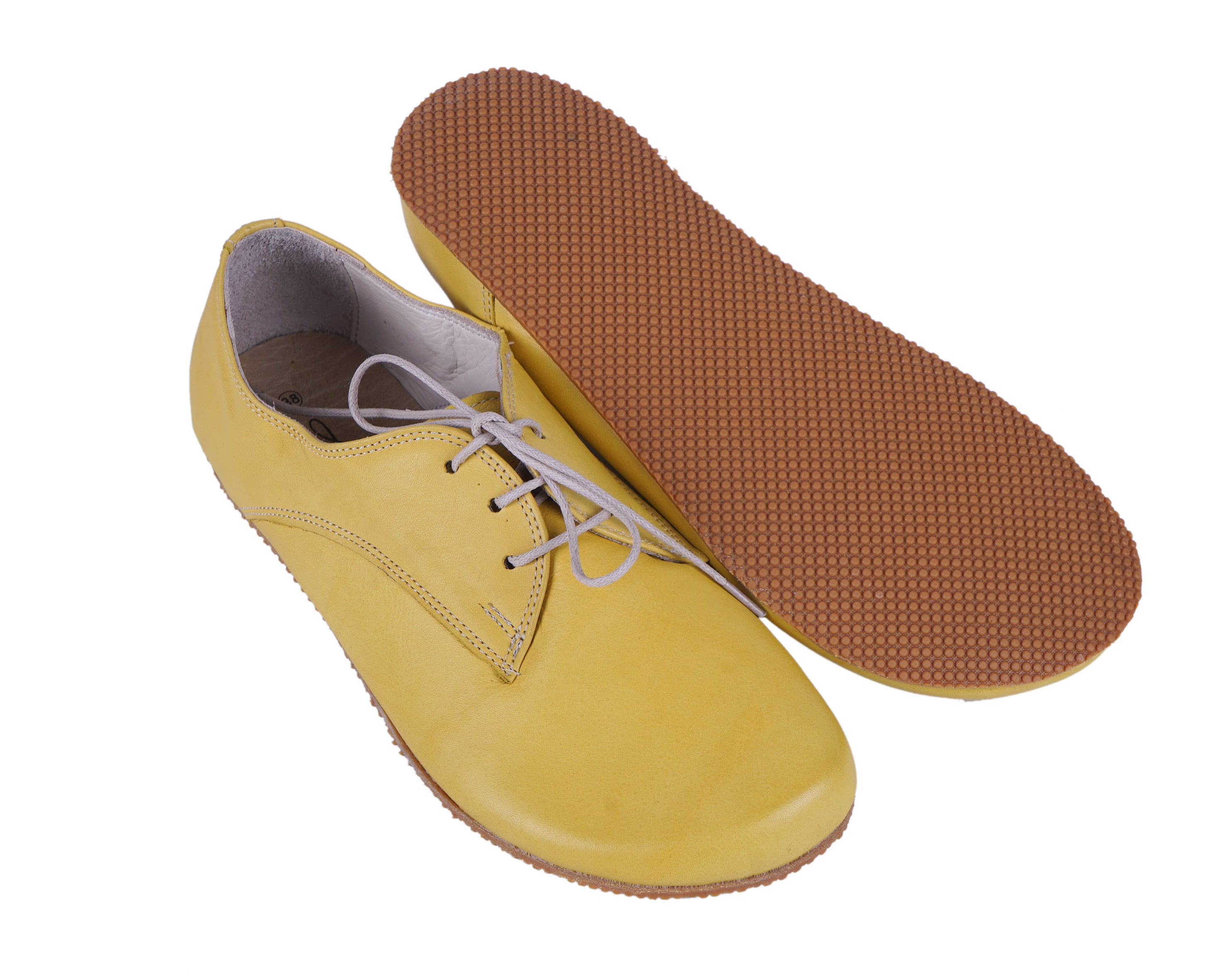 Yellow Oxford Wide Barefoot Shoes Smooth Leather Handmade 4mm Rubber Outsole 