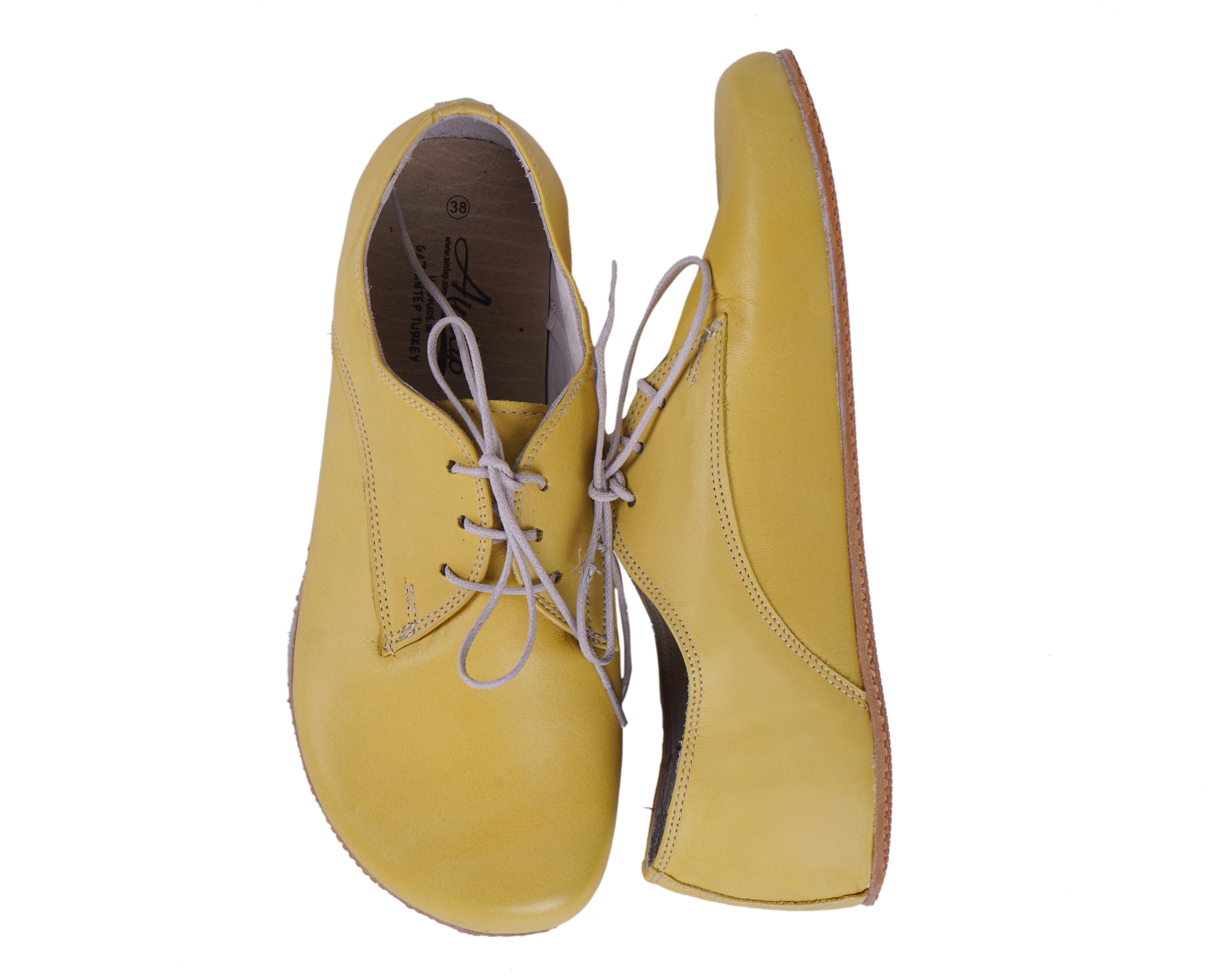 Yellow Oxford Wide Barefoot Shoes Smooth Leather Handmade 4mm Rubber Outsole