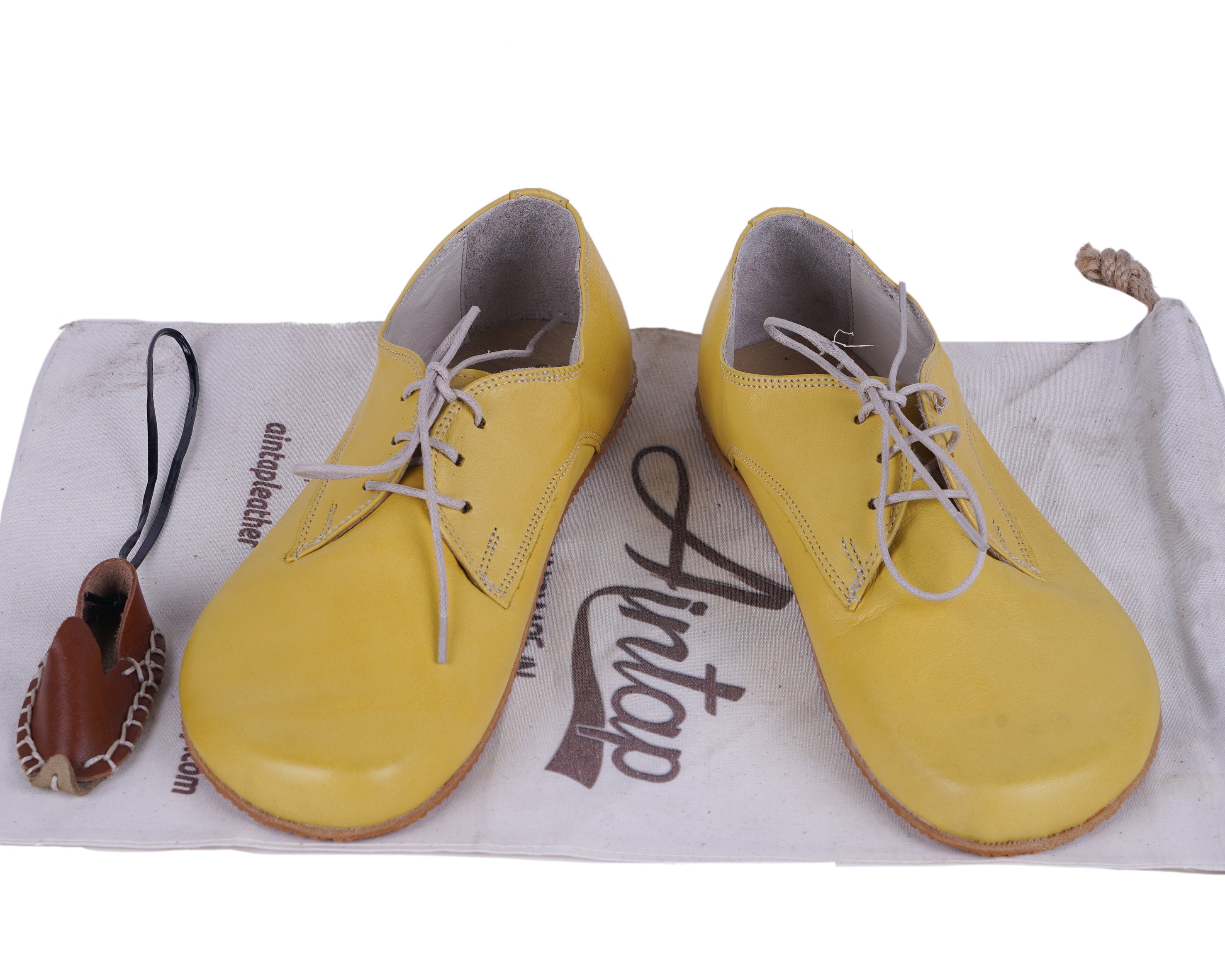 Yellow Oxford Wide Barefoot Shoes Smooth Leather Handmade 4mm Rubber Outsole 