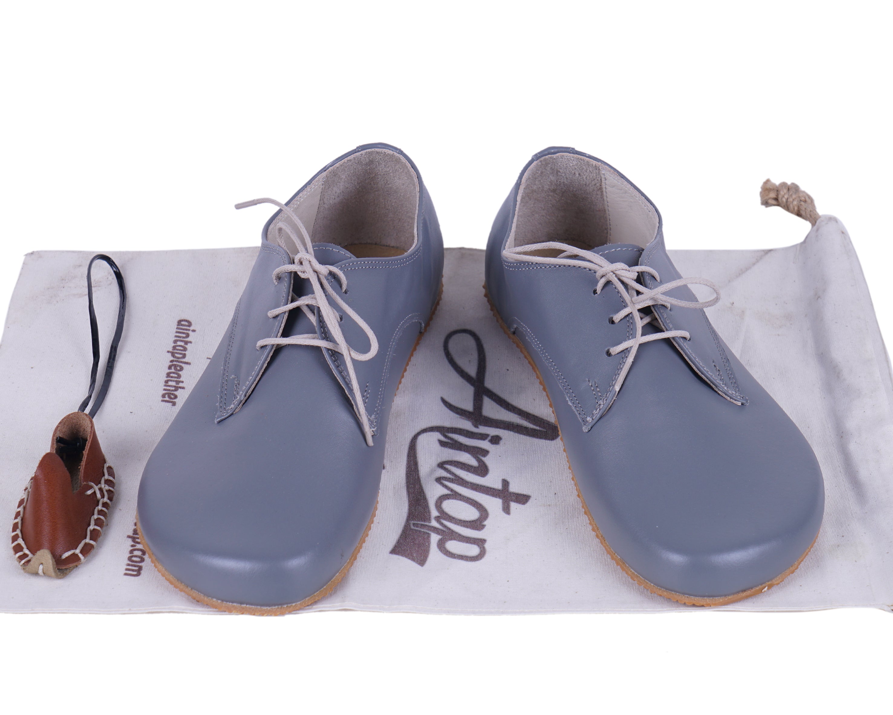 Gray Oxford Wide Barefoot Shoes Smooth Leather Handmade 4mm Rubber Outsole 
