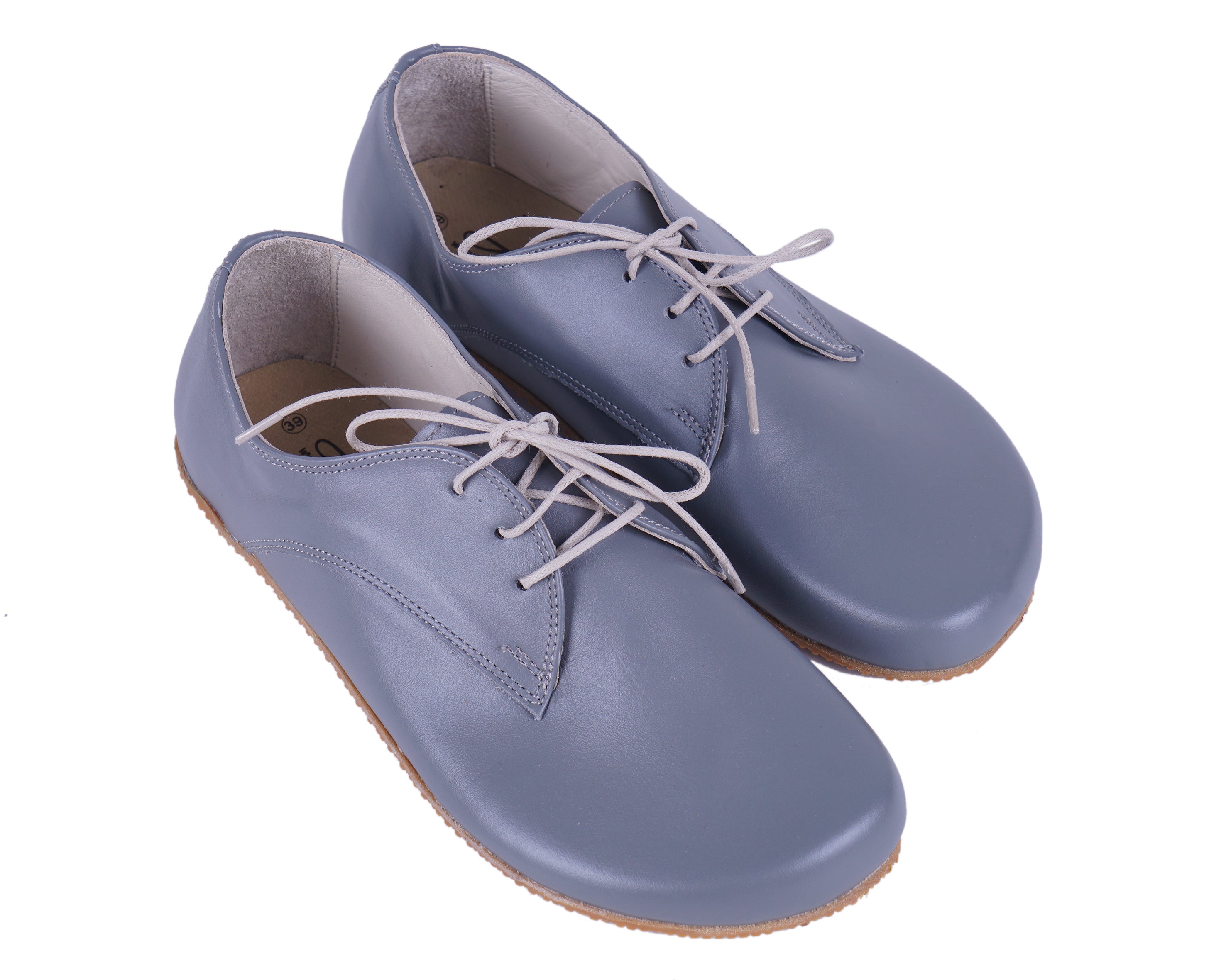 Gray Oxford Wide Barefoot Shoes Smooth Leather Handmade 4mm Rubber Outsole 