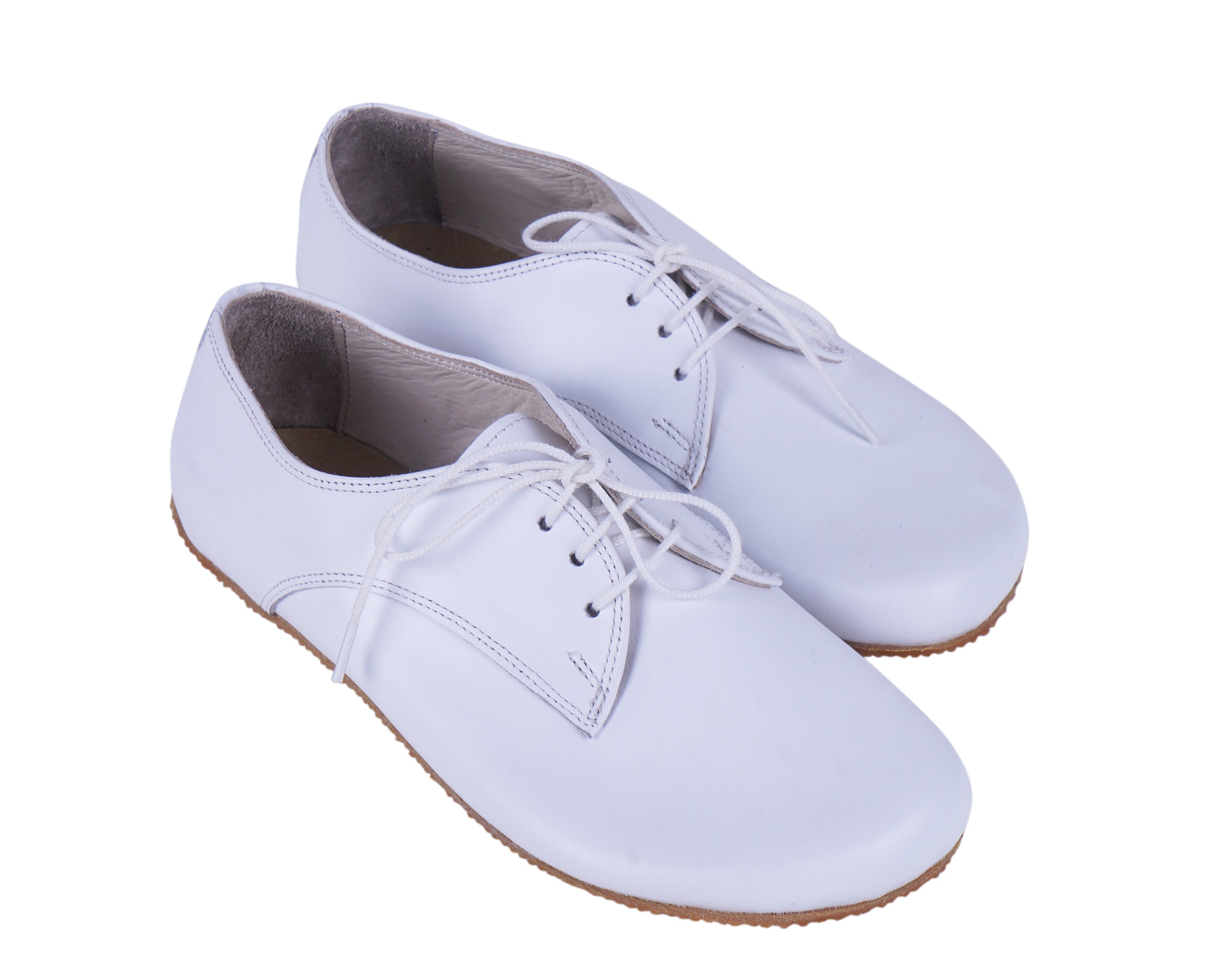 White Oxford Wide Barefoot Shoes Smooth Leather Handmade 4mm Rubber Outsole