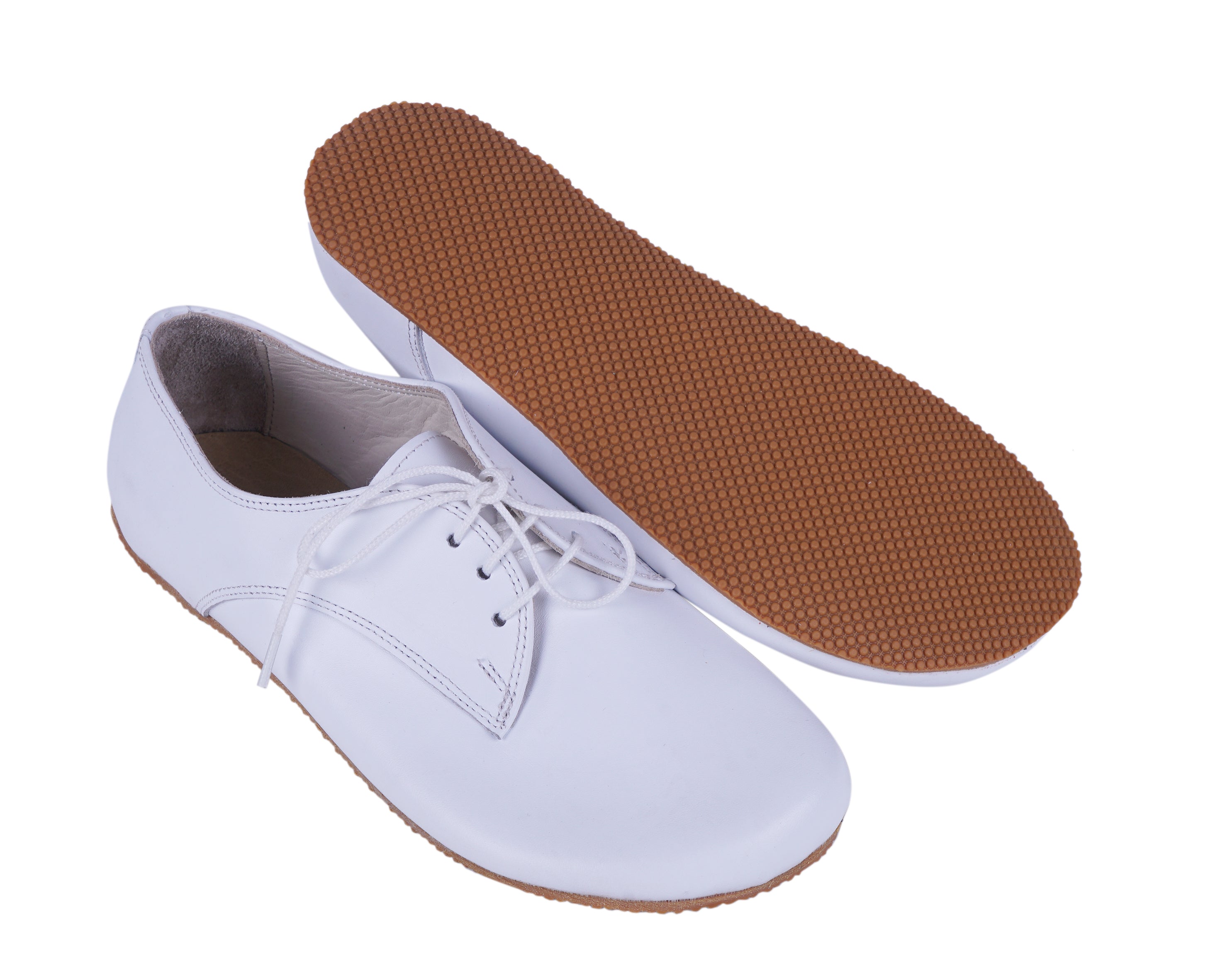 White Oxford Wide Barefoot Shoes Smooth Leather Handmade 4mm Rubber Outsole 