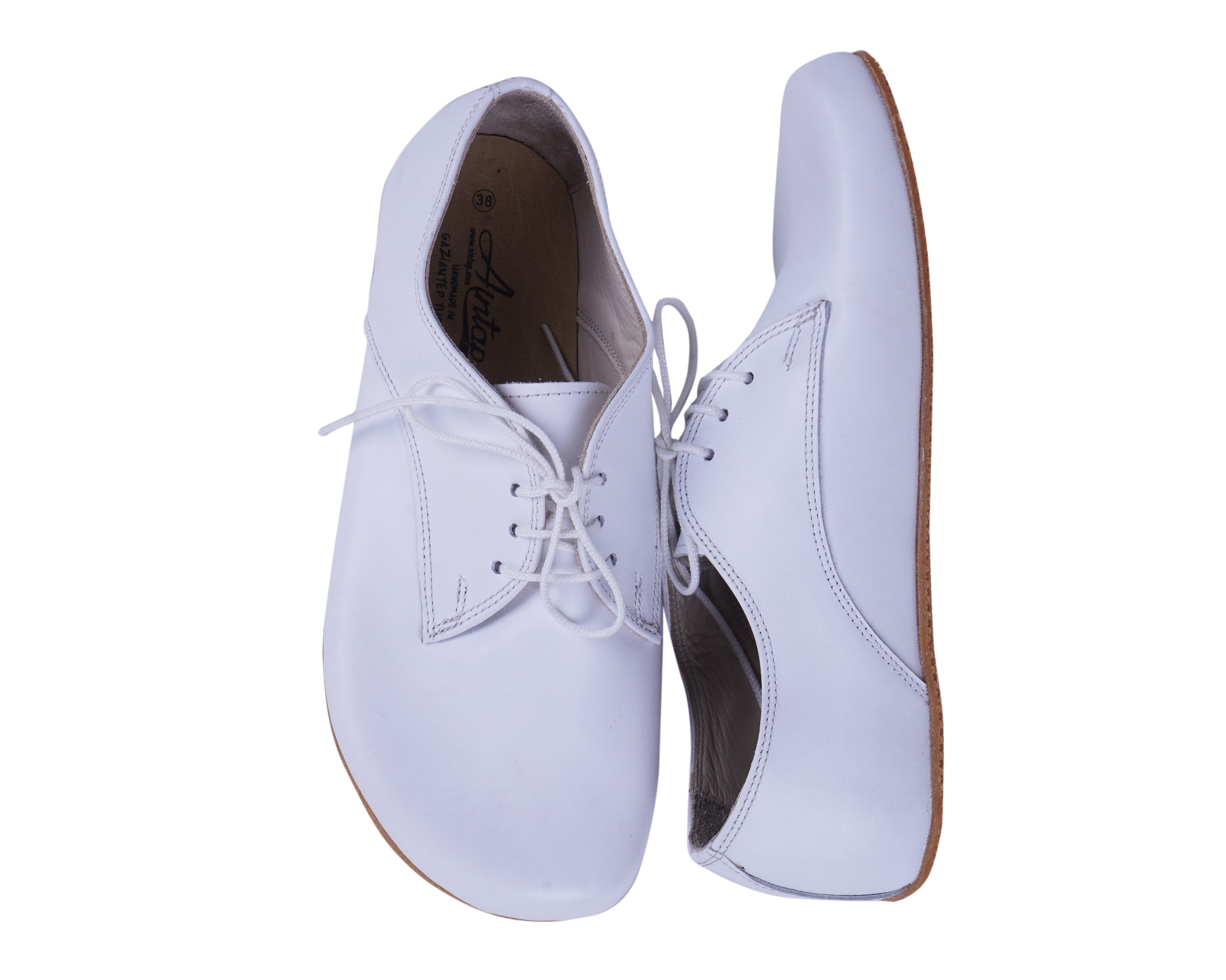 White Oxford Wide Barefoot Shoes Smooth Leather Handmade 4mm Rubber Outsole