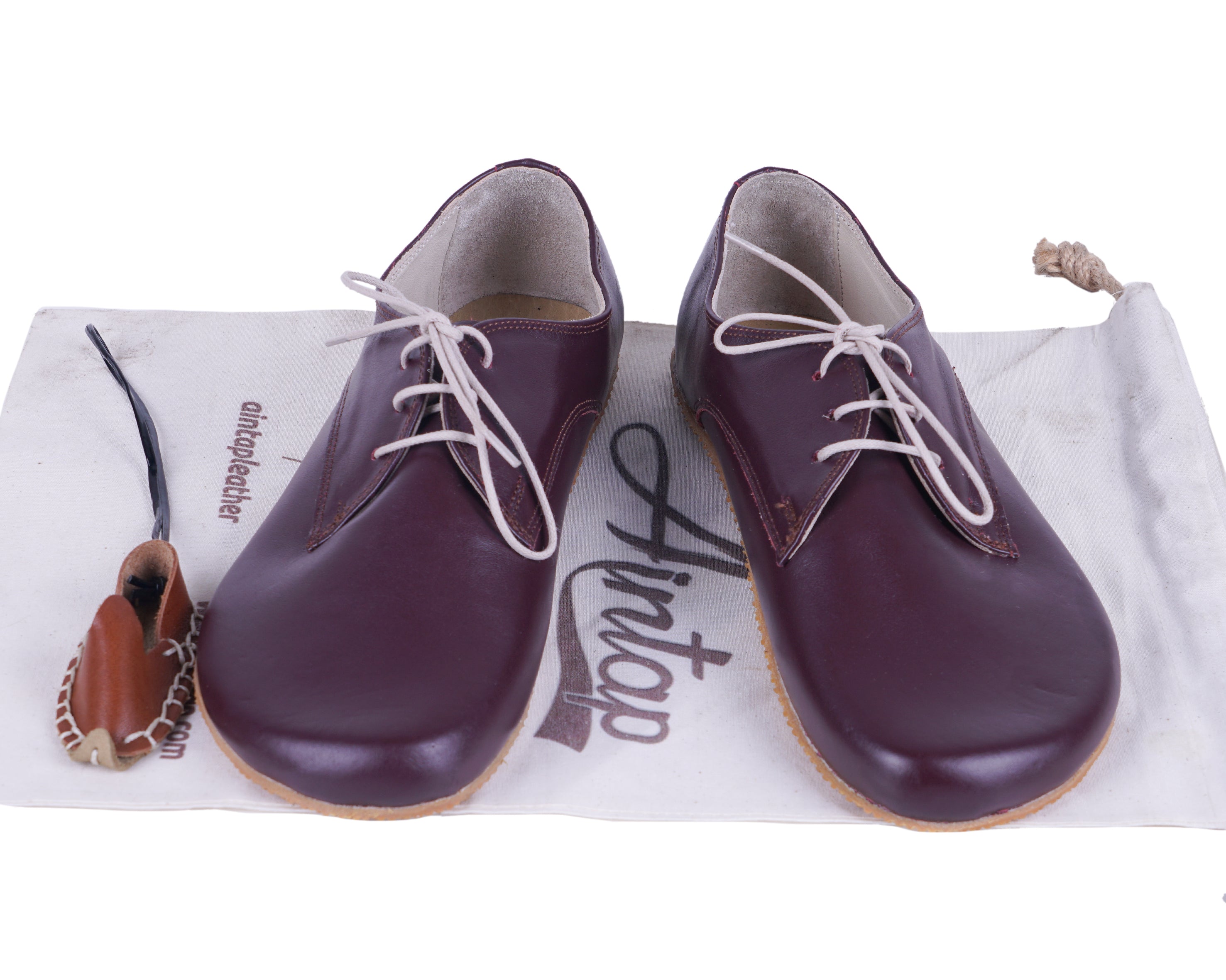 Burgundy Oxford Wide Barefoot Shoes Smooth Leather Handmade 4mm Rubber Outsole 