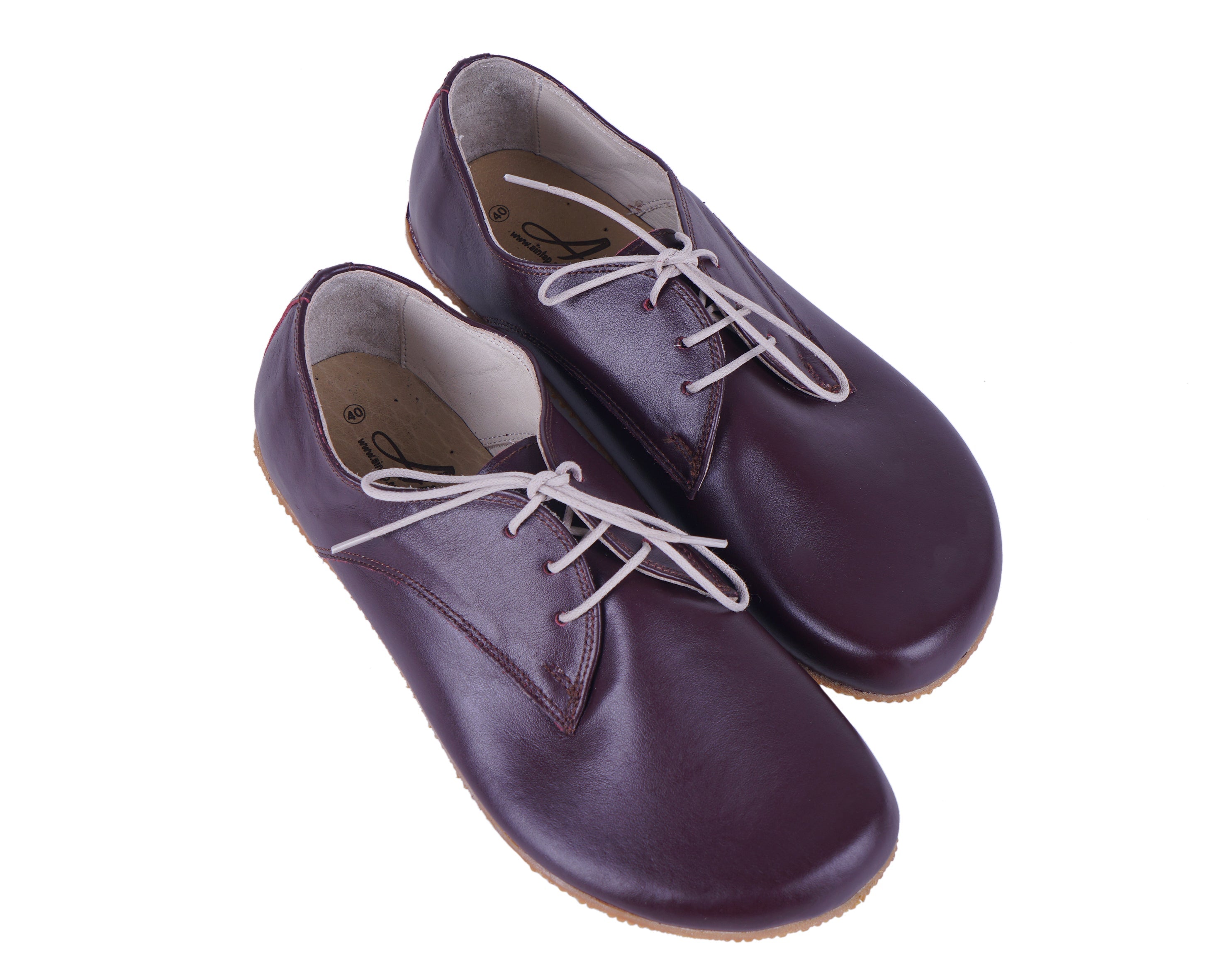Burgundy Oxford Wide Barefoot Shoes Smooth Leather Handmade 4mm Rubber Outsole 