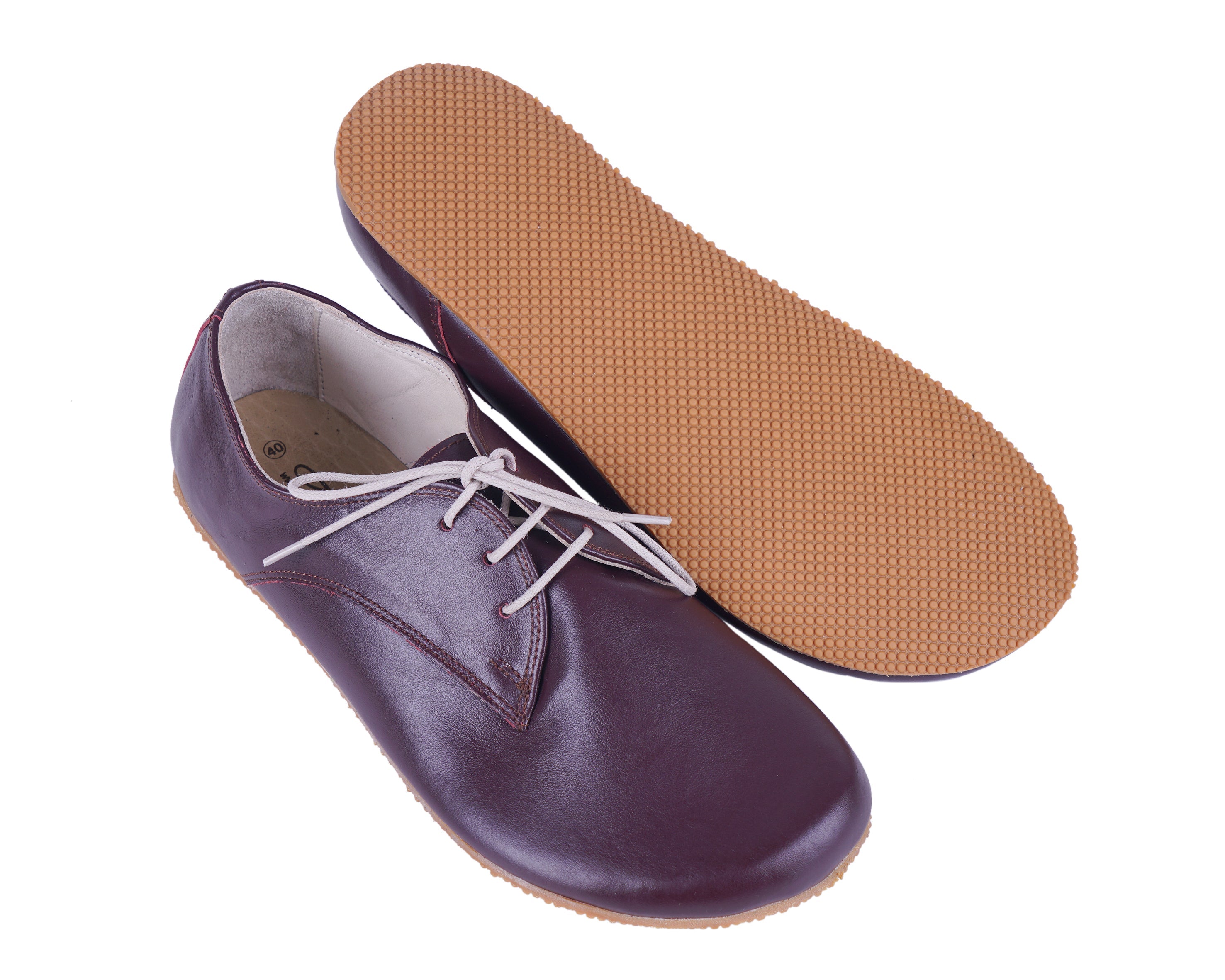 Burgundy Oxford Wide Barefoot Shoes Smooth Leather Handmade 4mm Rubber Outsole 
