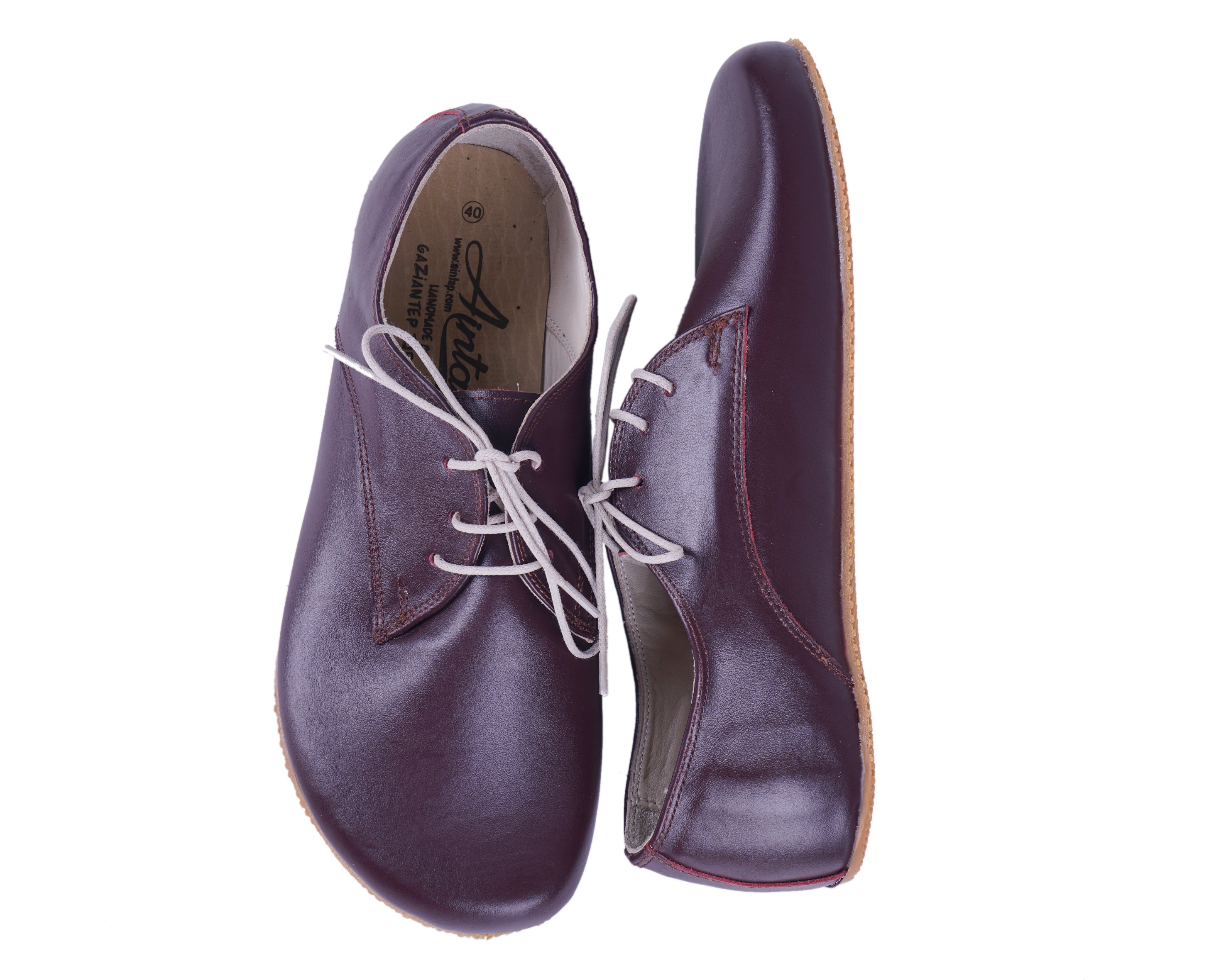 Burgundy Oxford Wide Barefoot Shoes Smooth Leather Handmade 4mm Rubber Outsole 