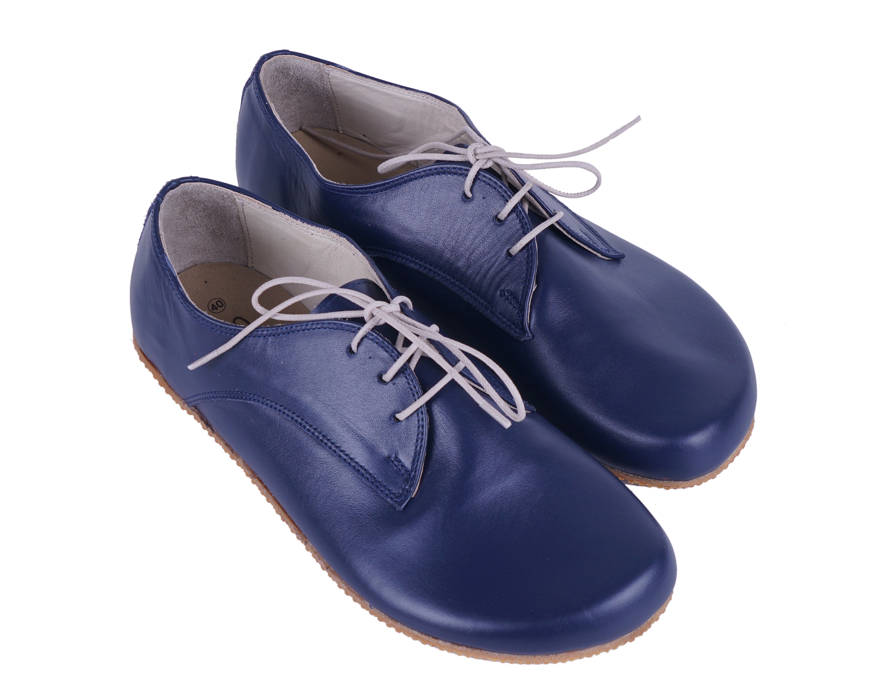 Navy Blue Oxford Wide Barefoot Shoes Smooth Leather Handmade 4mm Rubber Outsole