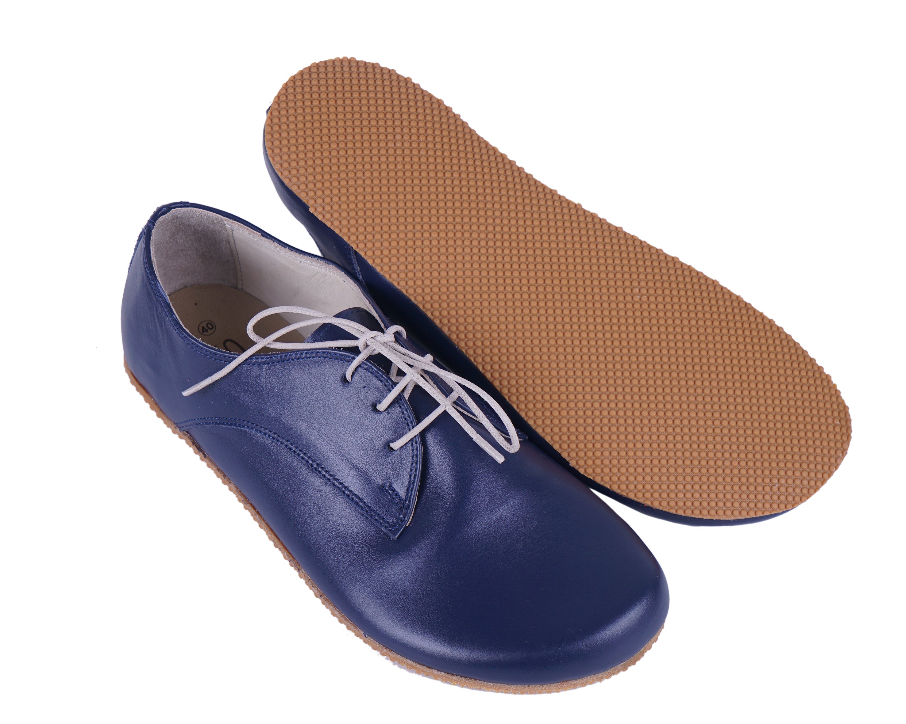 Navy Blue Oxford Wide Barefoot Shoes Smooth Leather Handmade 4mm Rubber Outsole 