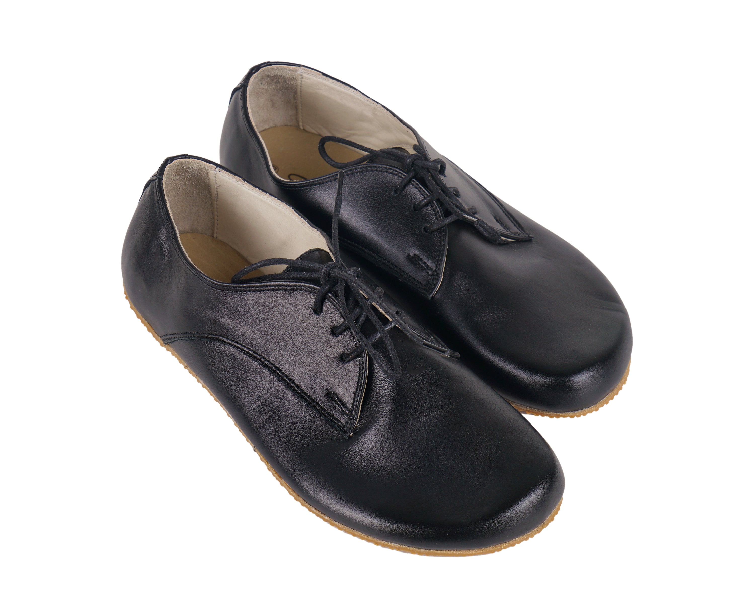 Black Oxford Wide Barefoot Shoes Smooth Leather Handmade 4mm Rubber Outsole
