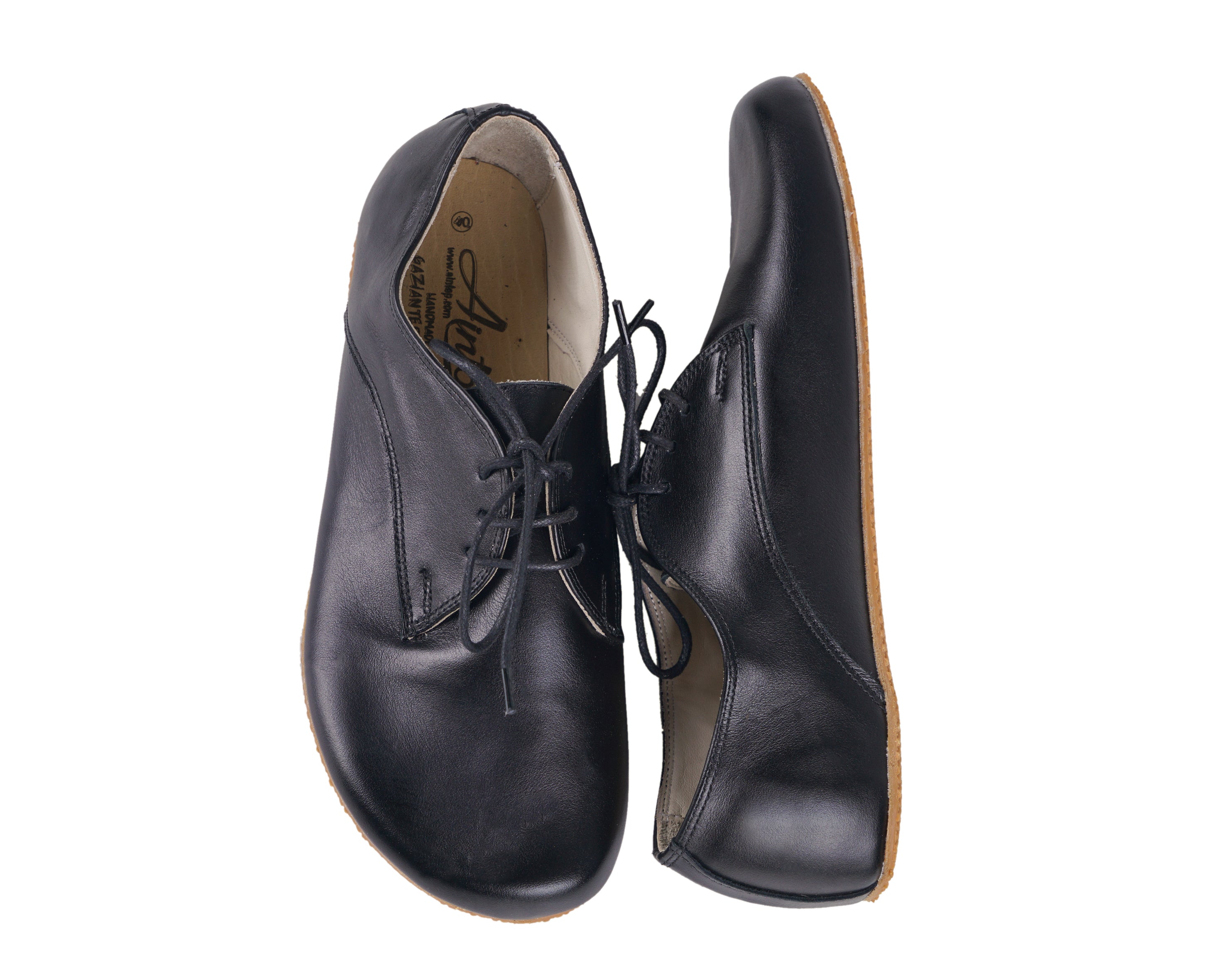Black Oxford Wide Barefoot Shoes Smooth Leather Handmade 4mm Rubber Outsole