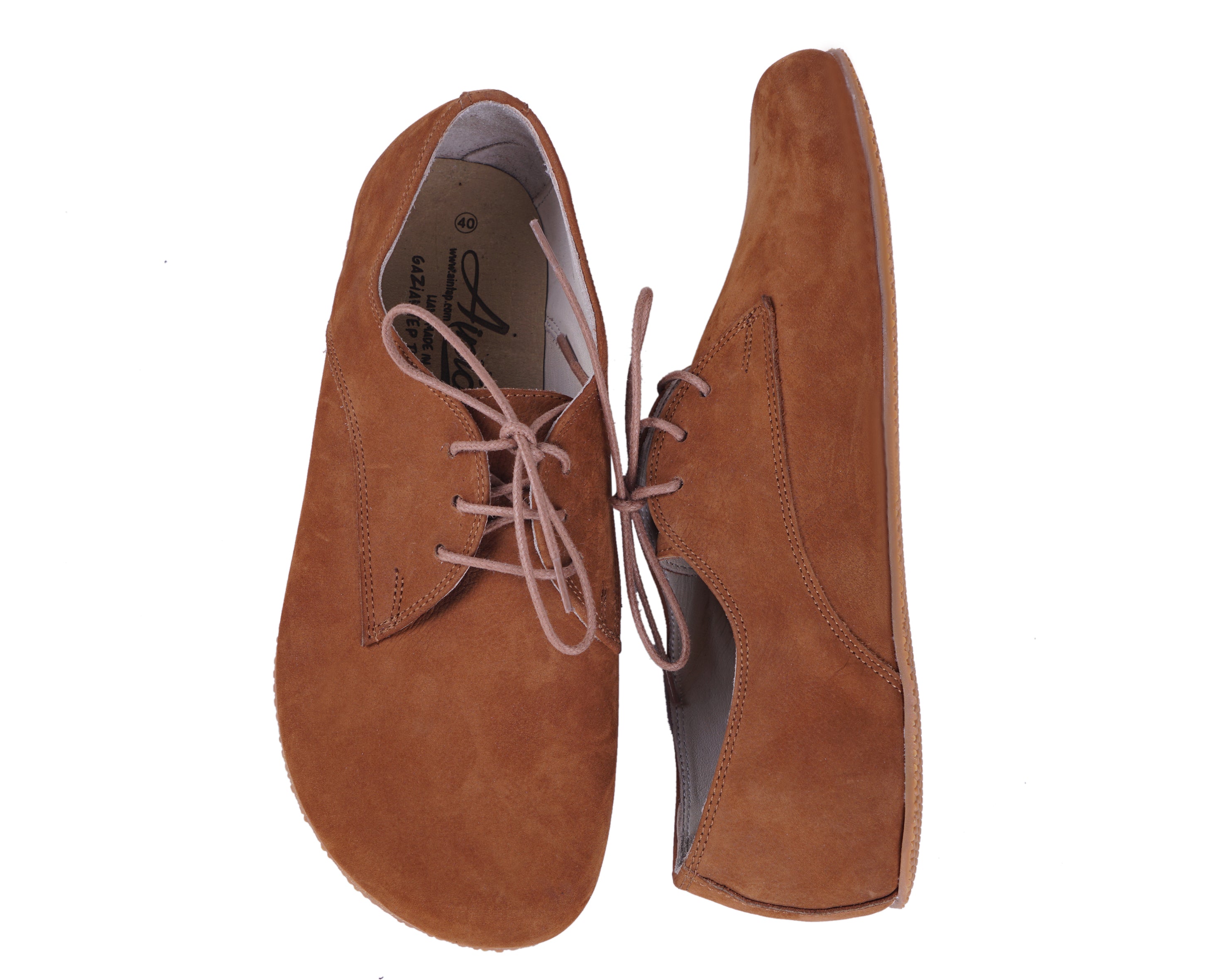 Tan Oxford Wide Barefoot Shoes Nubuck Leather Handmade 4mm Rubber Outsole 