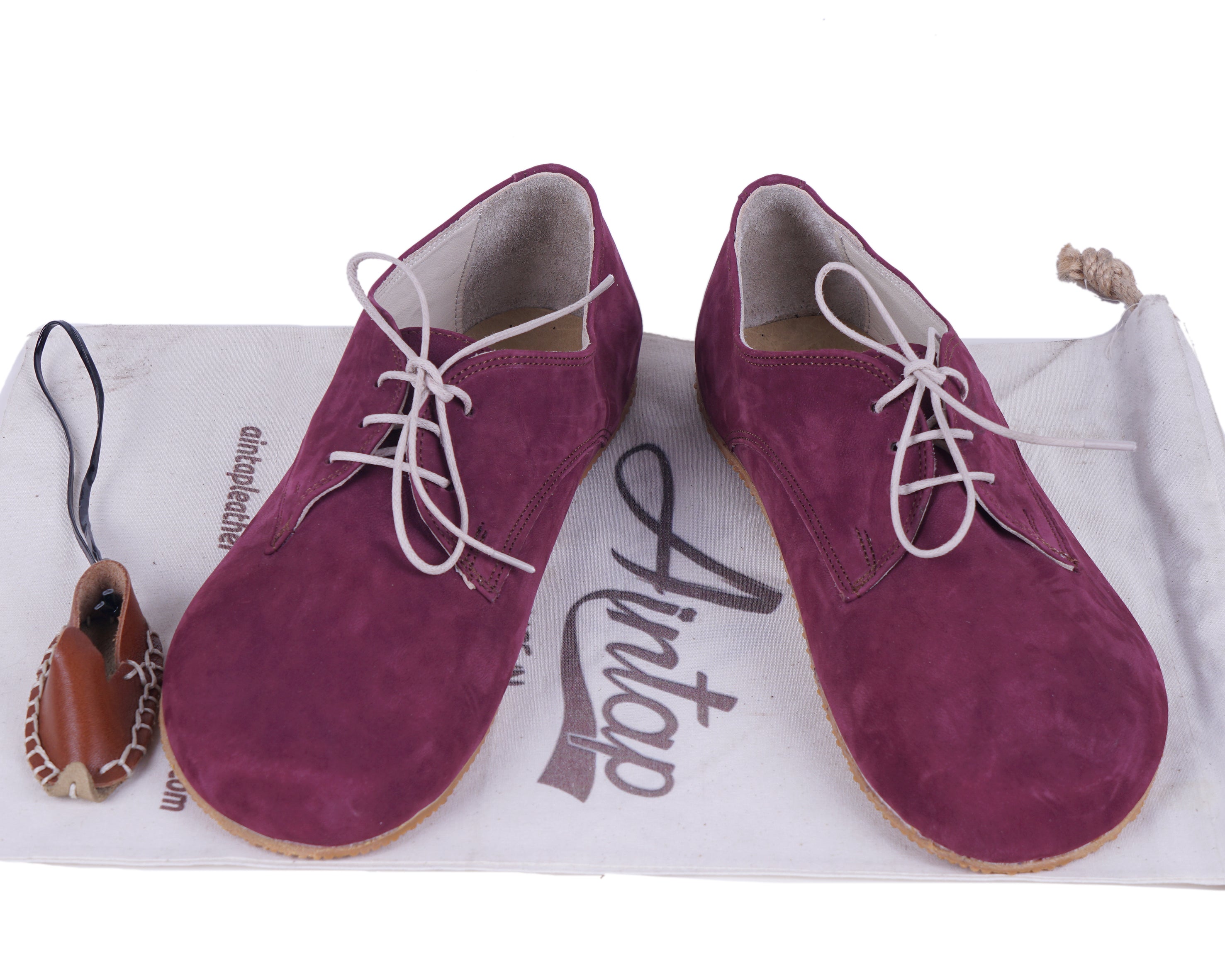 Burgundy Oxford Wide Barefoot Shoes Nubuck Leather Handmade 4mm Rubber Outsole 
