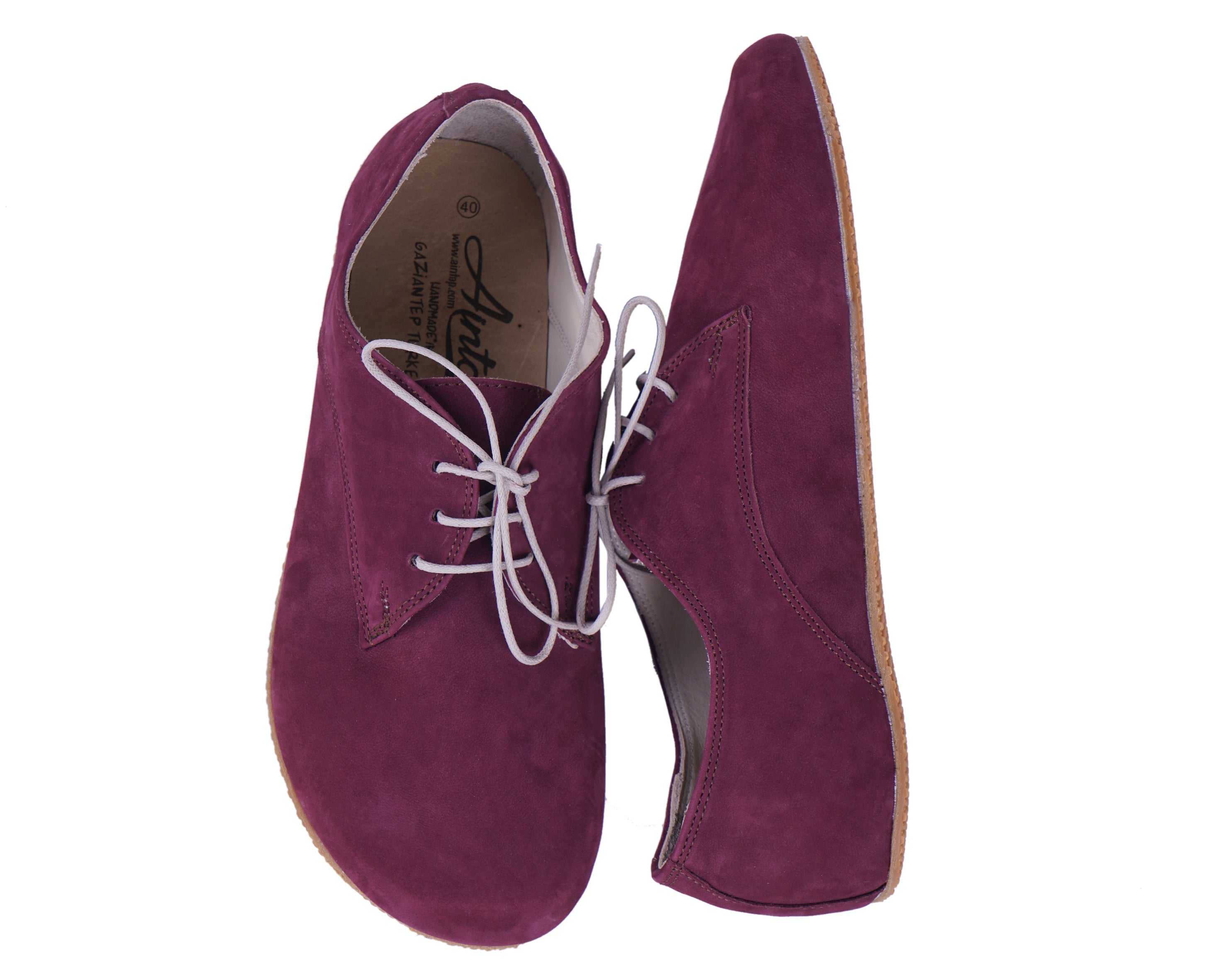 Burgundy Oxford Wide Barefoot Shoes Nubuck Leather Handmade 4mm Rubber Outsole