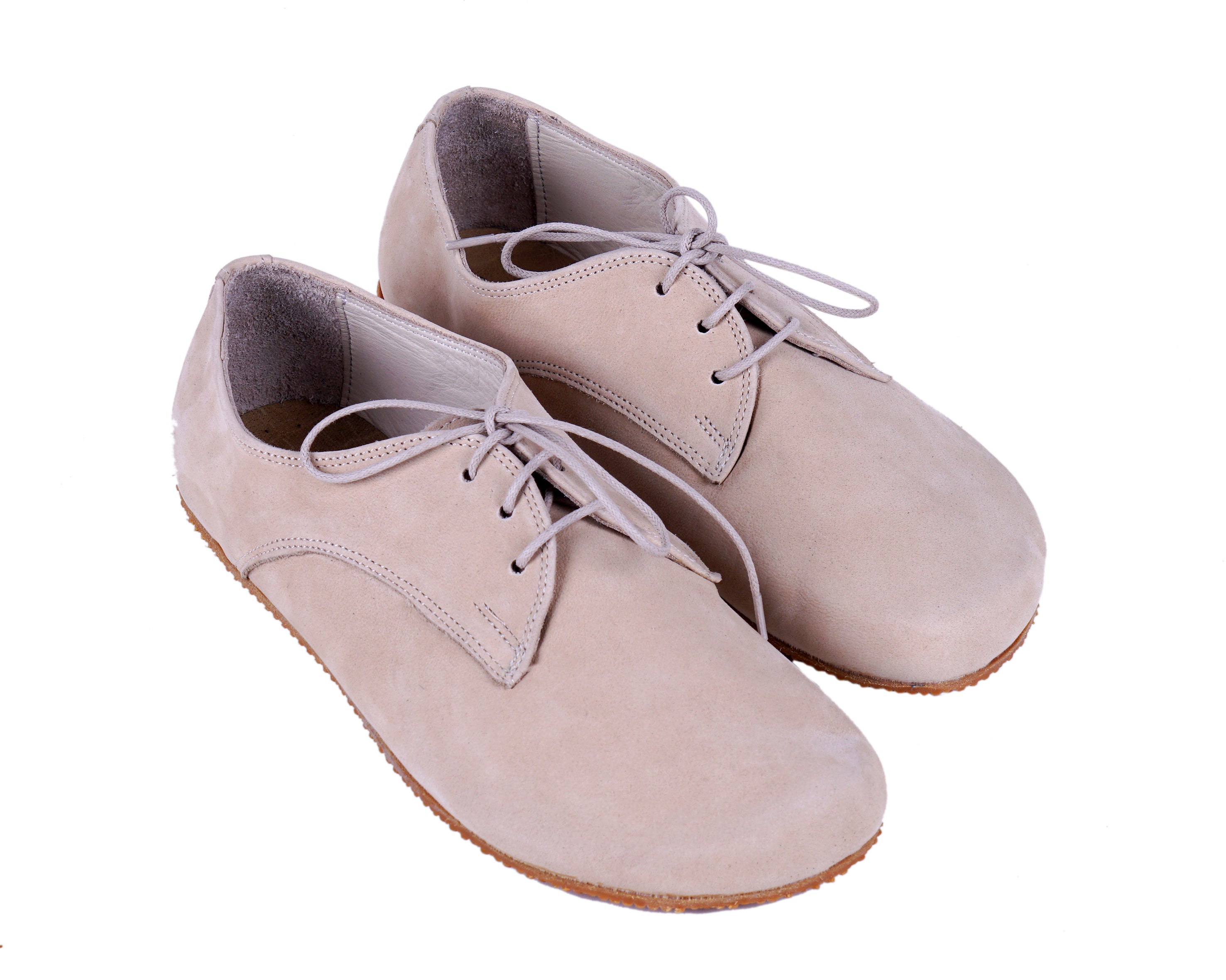 Cream Oxford Wide Barefoot Shoes Nubuck Leather Handmade 4mm Rubber Outsole 
