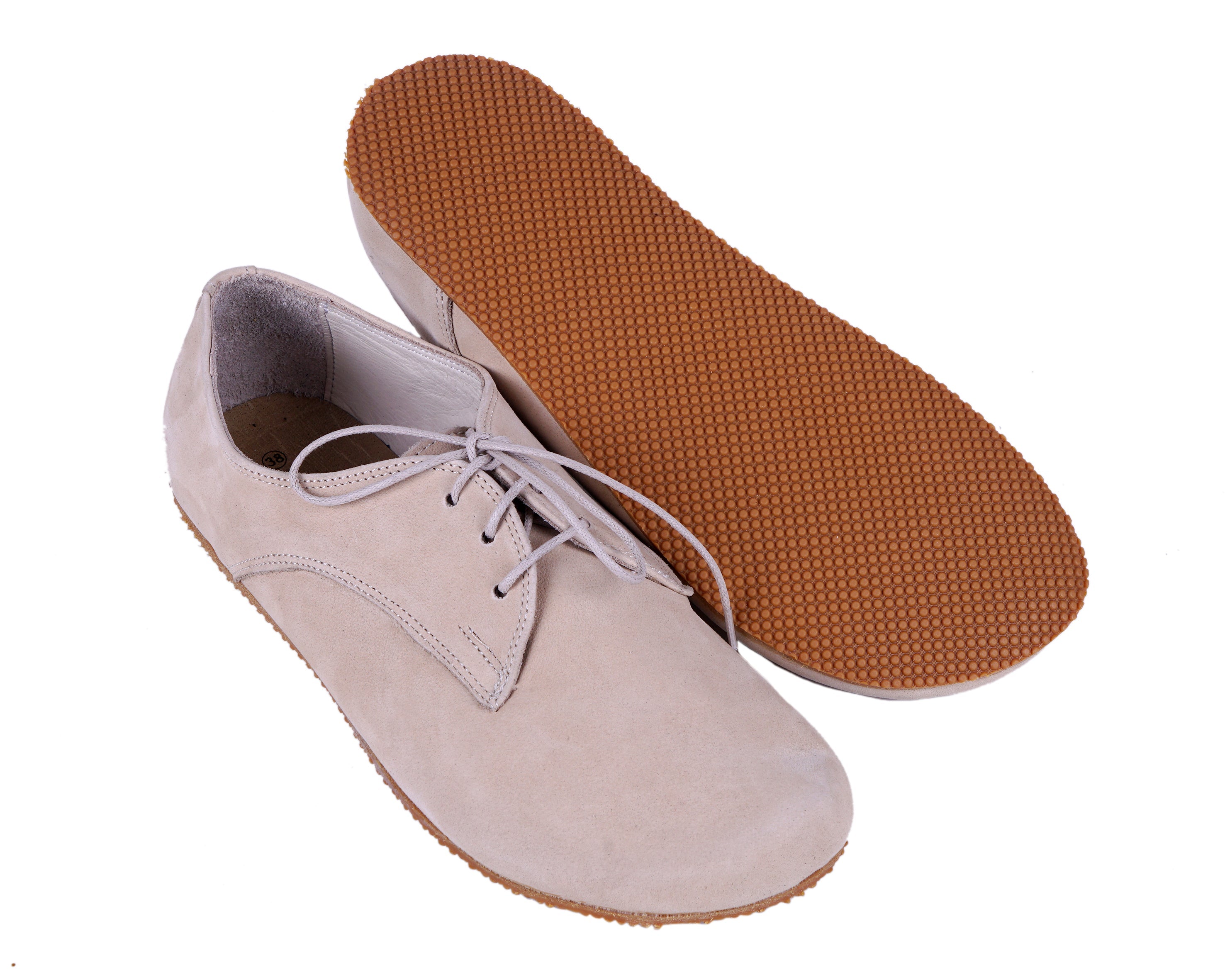 Cream Oxford Wide Barefoot Shoes Nubuck Leather Handmade 4mm Rubber Outsole 