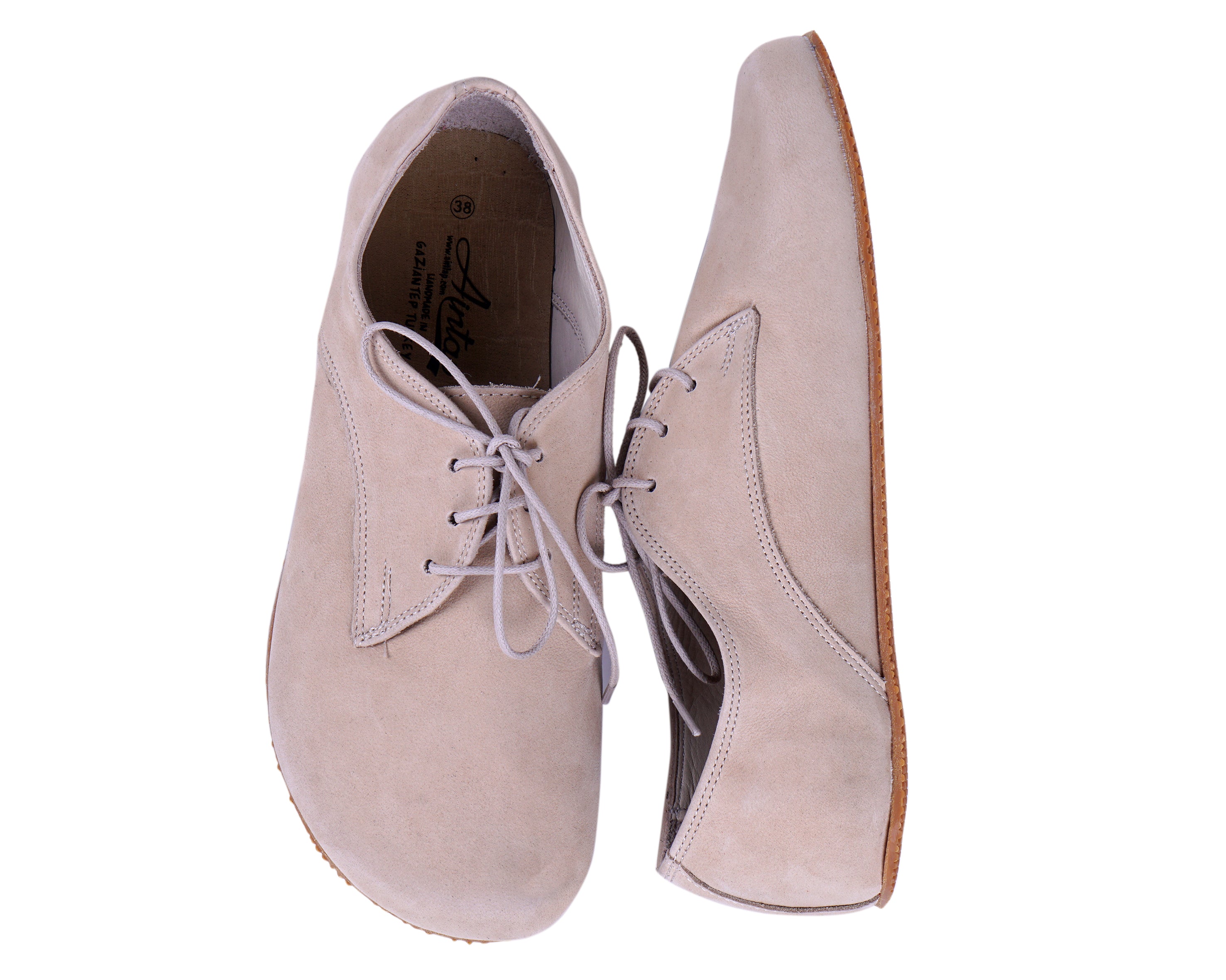 Cream Oxford Wide Barefoot Shoes Nubuck Leather Handmade 4mm Rubber Outsole 