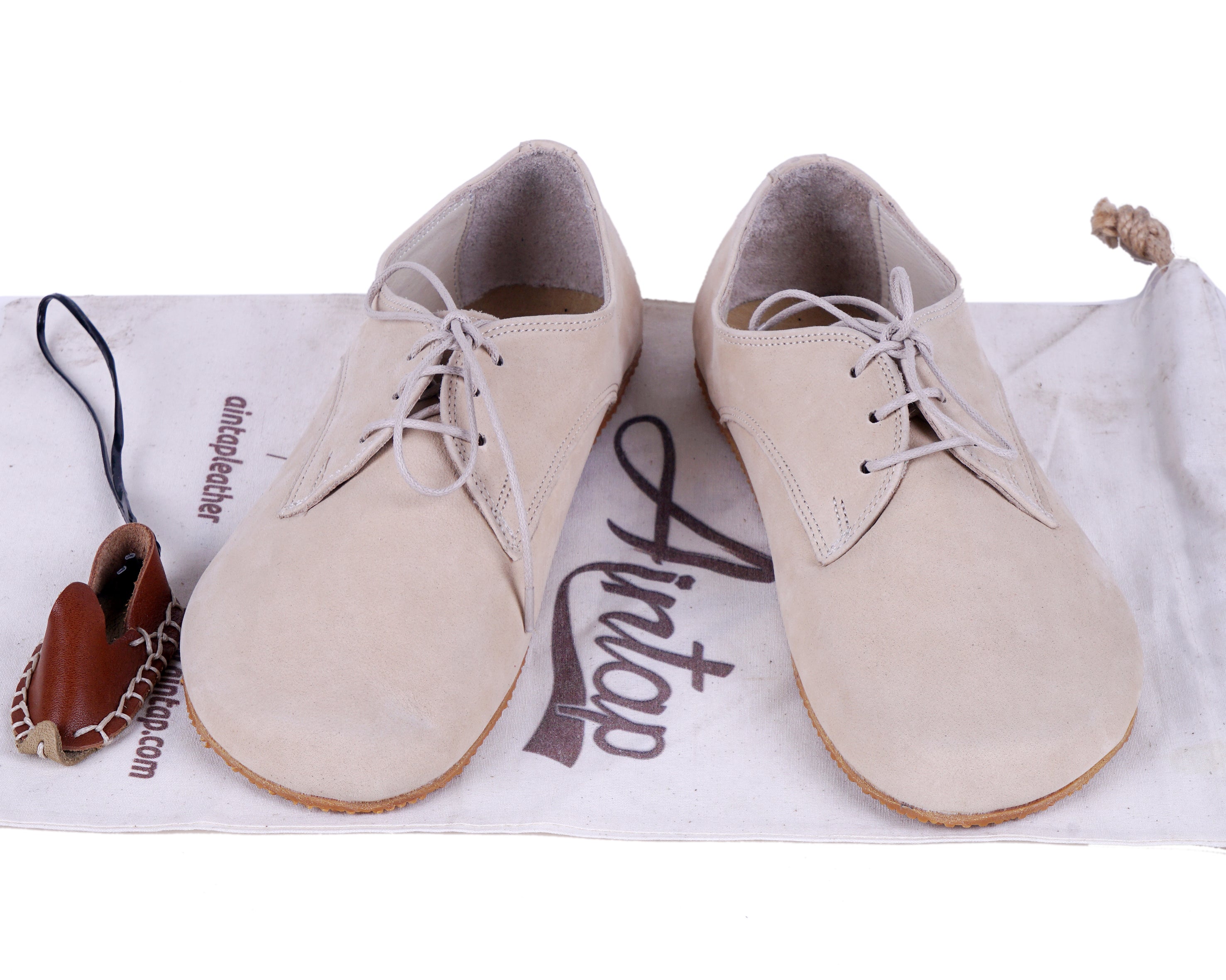 Cream Oxford Wide Barefoot Shoes Nubuck Leather Handmade 4mm Rubber Outsole