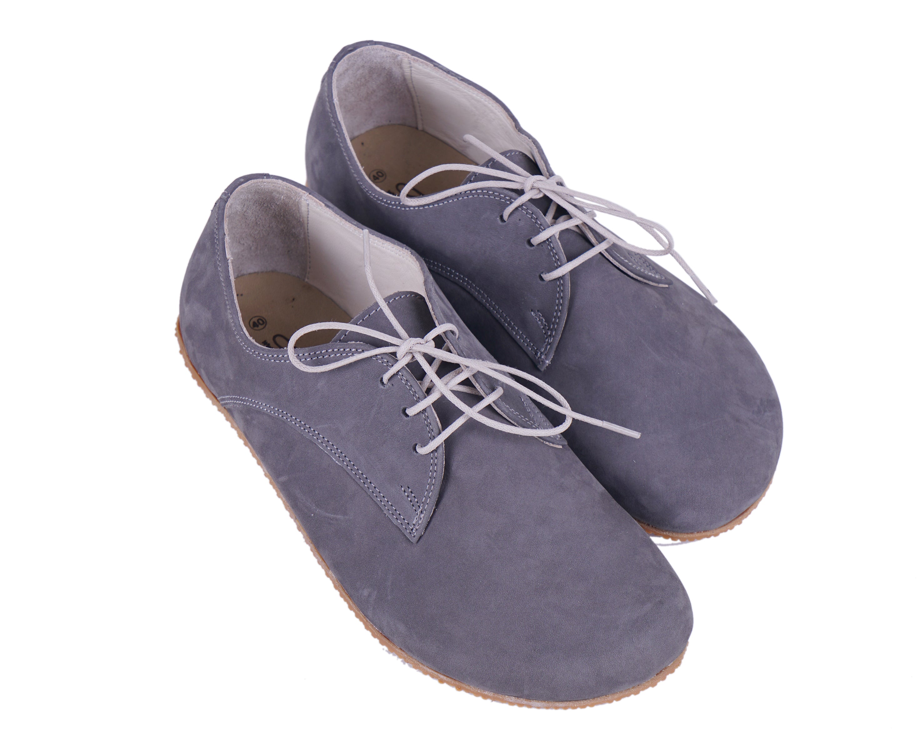 Gray Oxford Wide Barefoot Shoes Nubuck Leather Handmade 4mm Rubber Outsole 