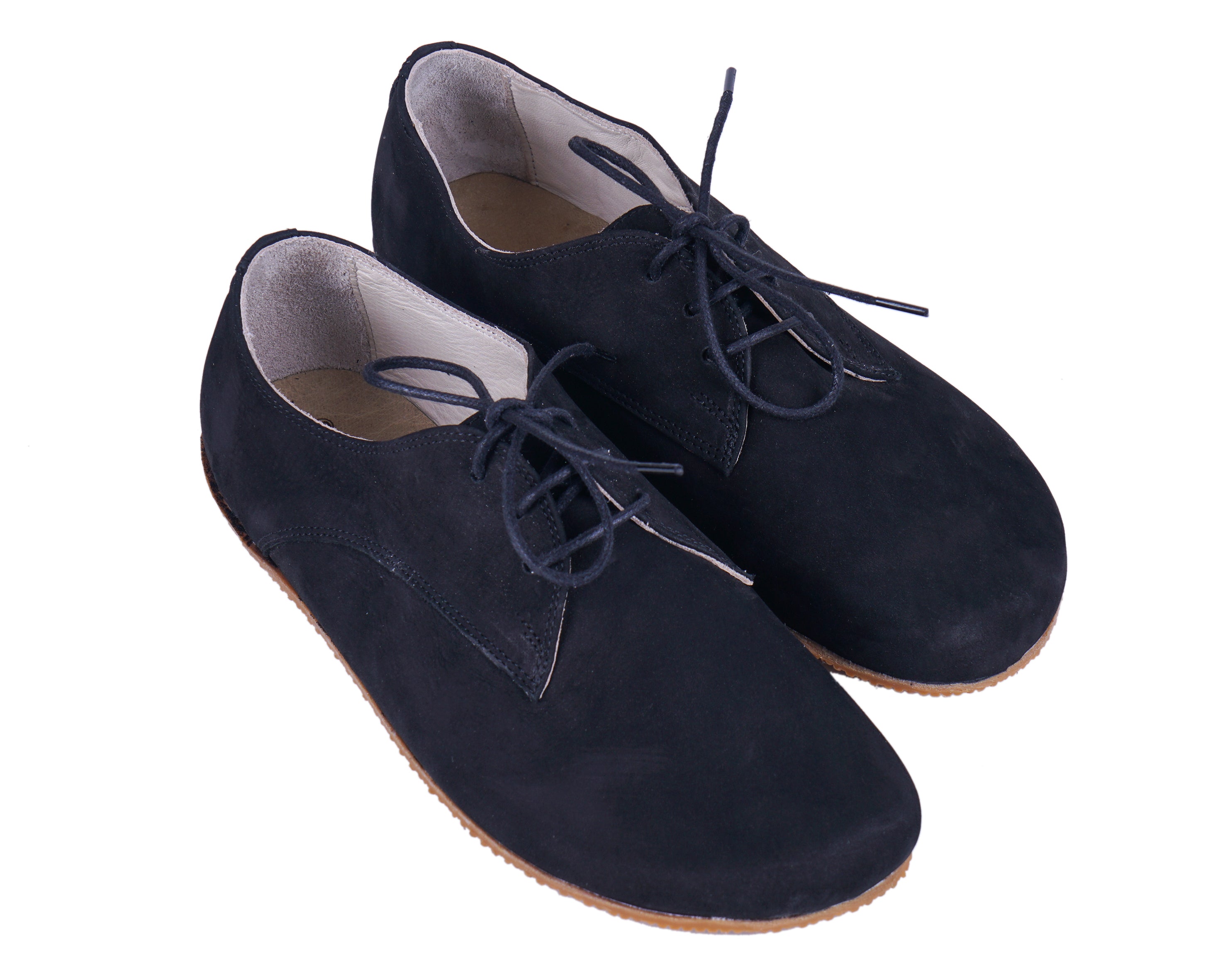 Black Oxford Wide Barefoot Shoes Nubuck Leather Handmade 4mm Rubber Outsole