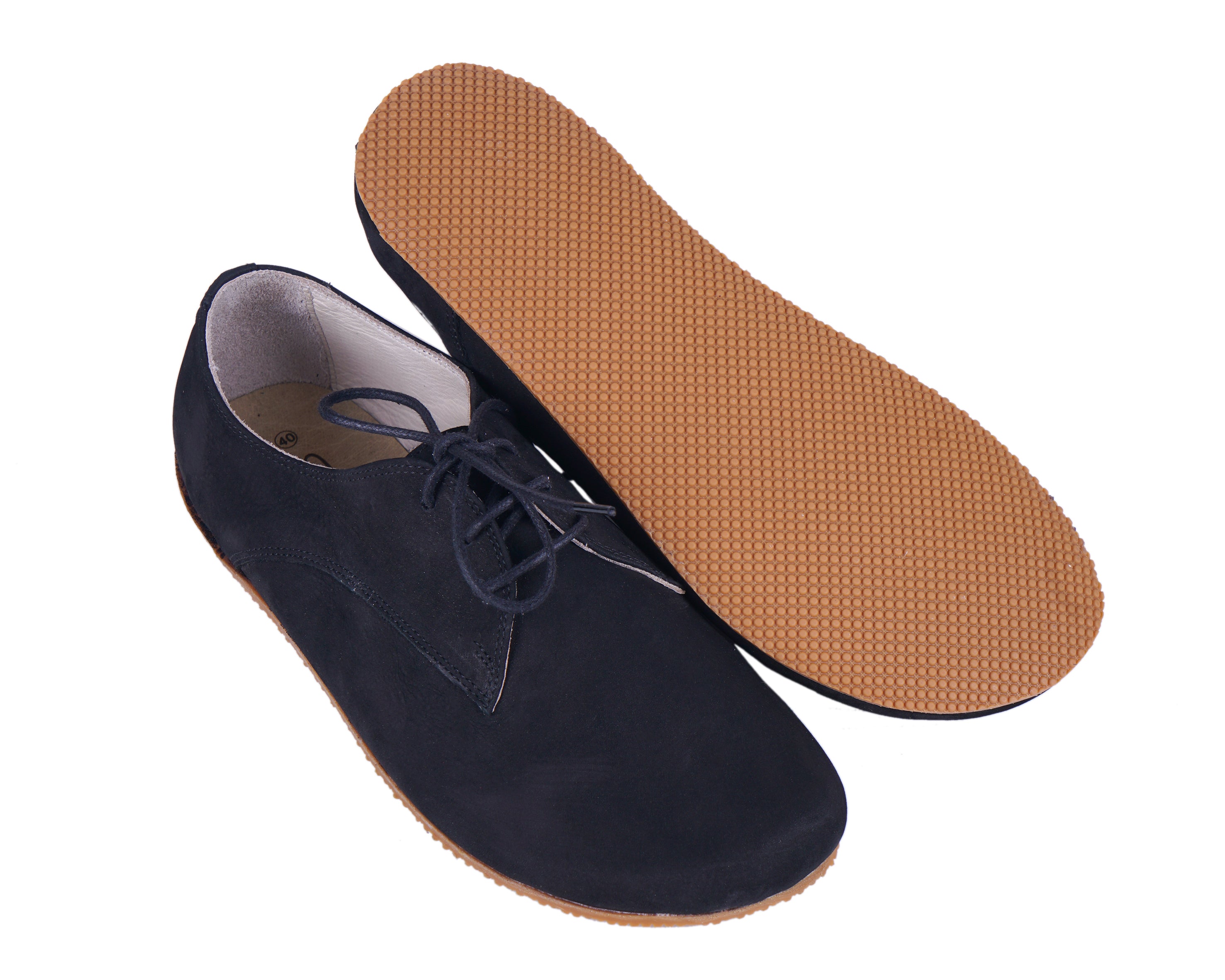 Black Oxford Wide Barefoot Shoes Nubuck Leather Handmade 4mm Rubber Outsole