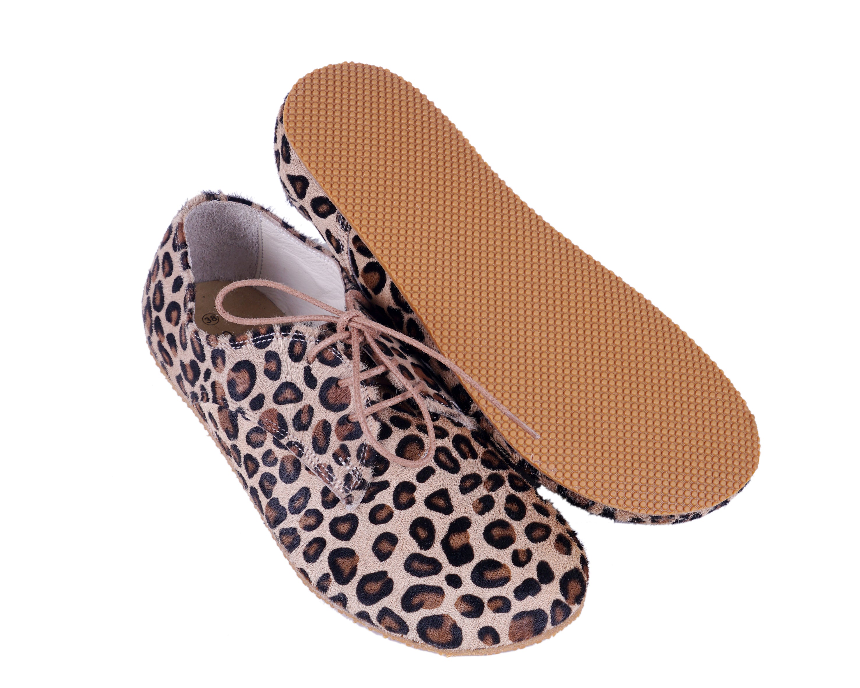 Leopard Oxford Wide Barefoot Shoes Smooth Leather Handmade 4mm Rubber Outsole