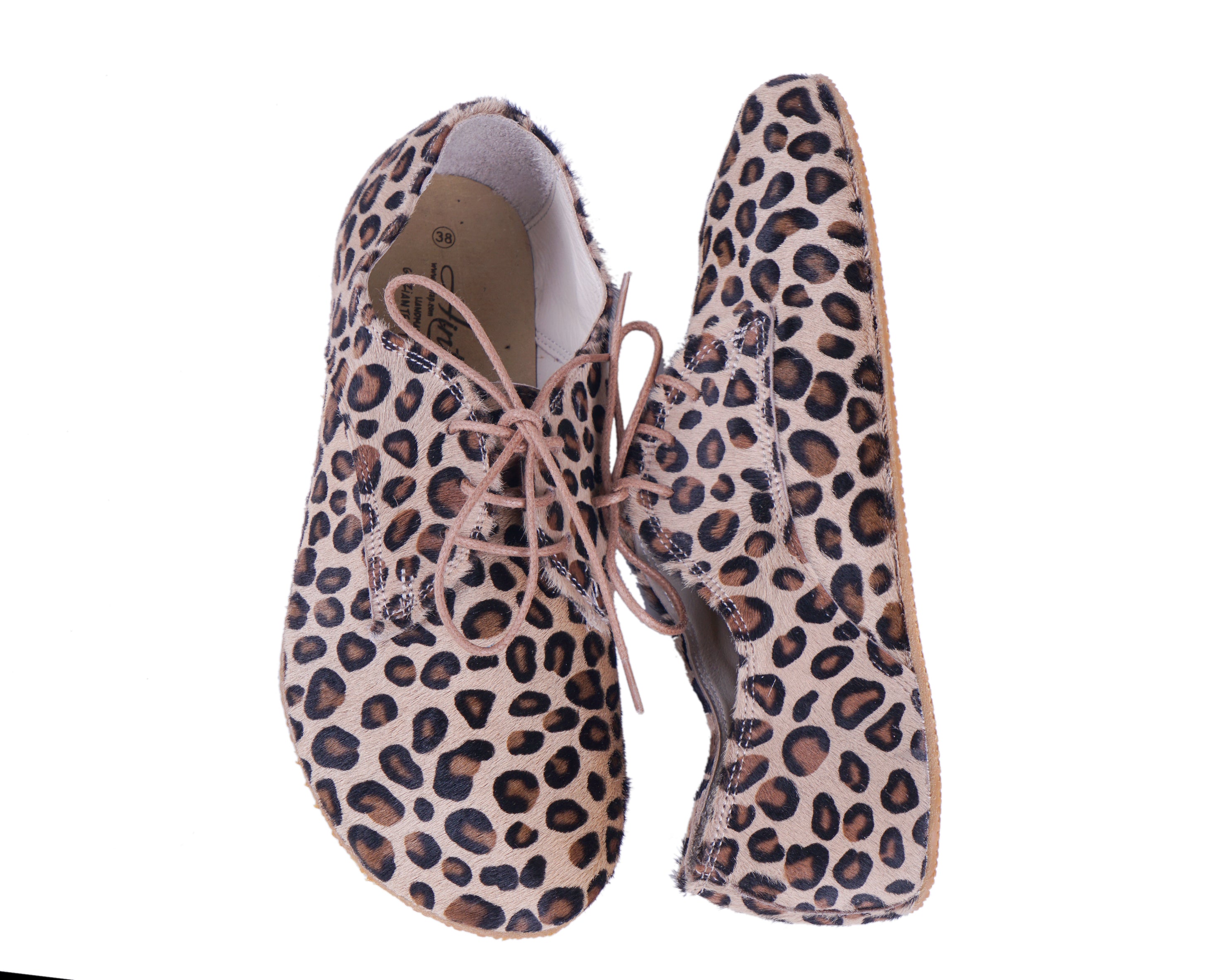 Leopard Oxford Wide Barefoot Shoes Smooth Leather Handmade 4mm Rubber Outsole