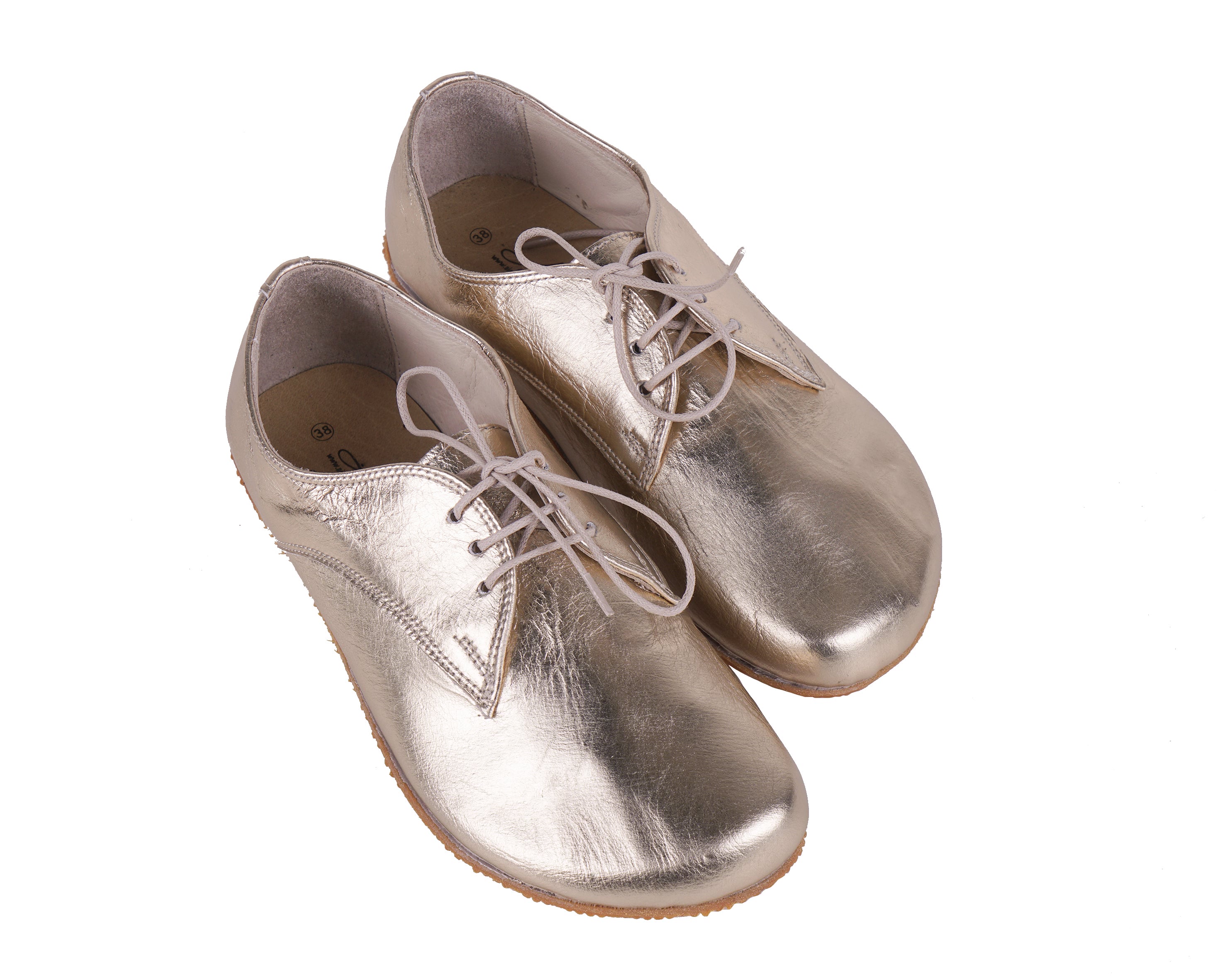 Gold Oxford Wide Barefoot Shoes Smooth Leather Handmade 4mm Rubber Outsole 