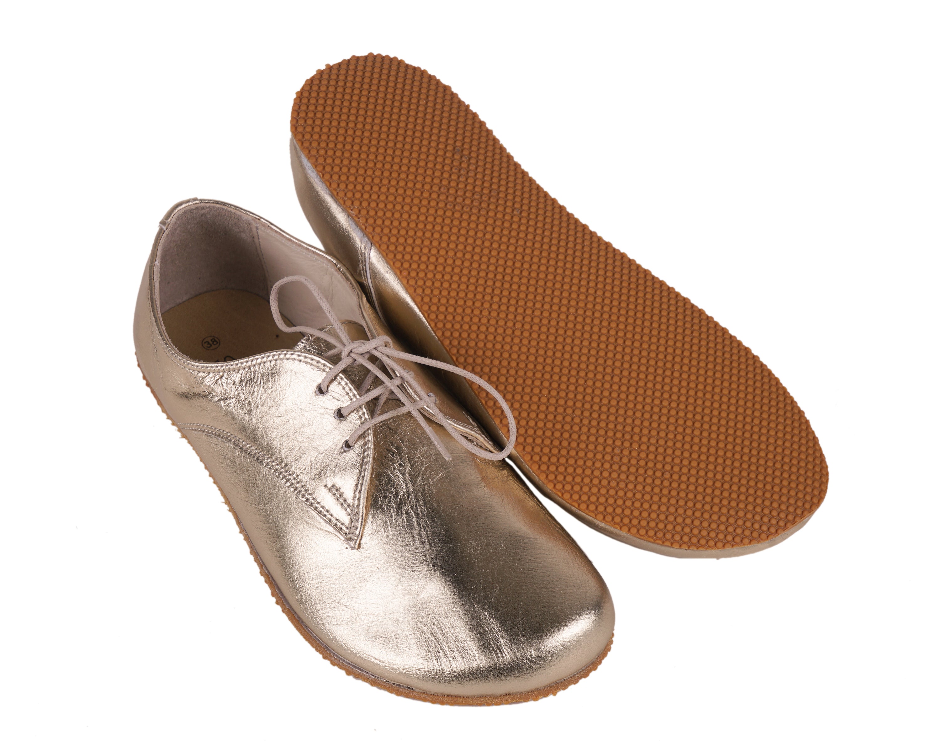 Gold Oxford Wide Barefoot Shoes Smooth Leather Handmade 4mm Rubber Outsole